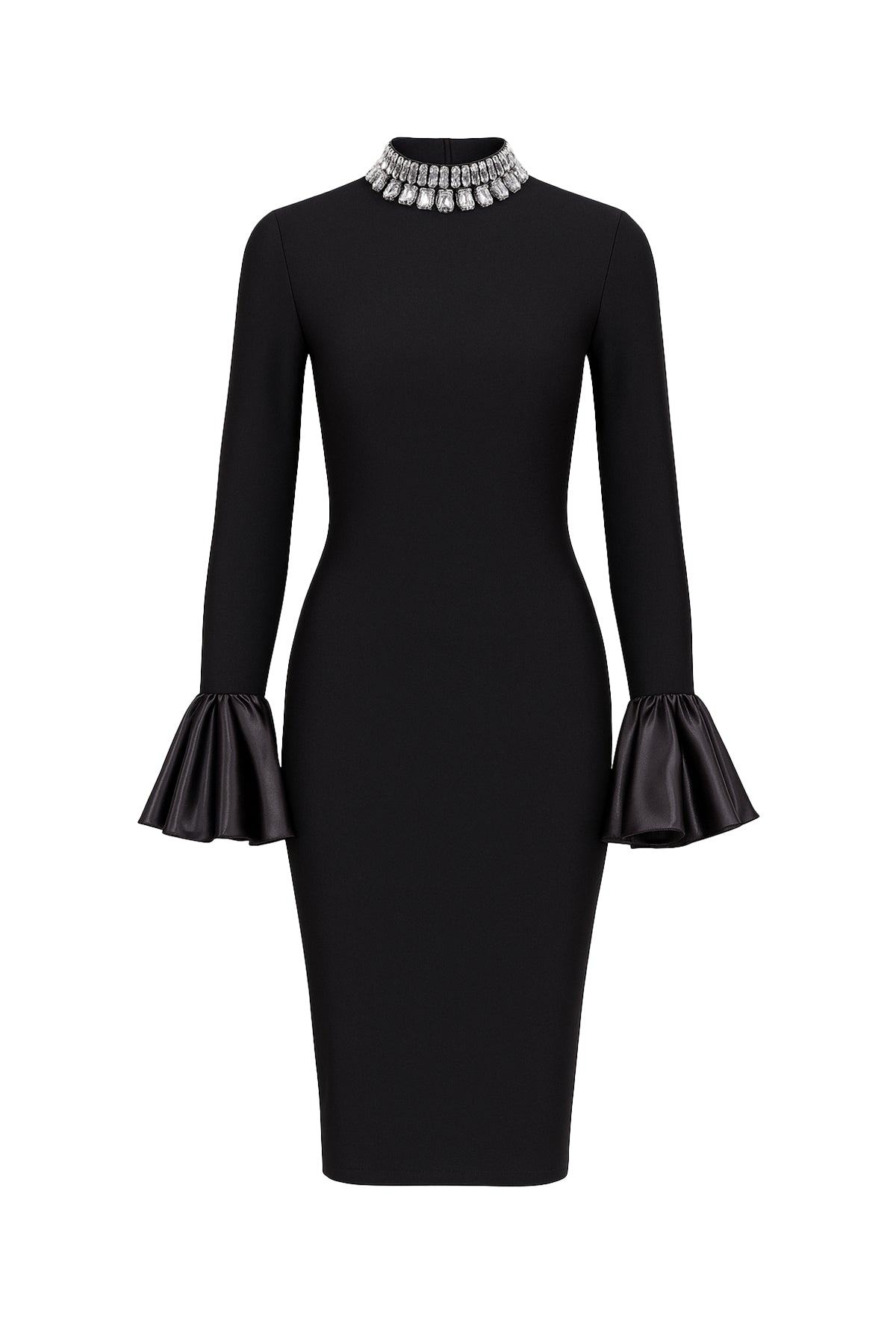Grand Entrance Bandage Embellished Mock Neck Dress with Bell Sleeves