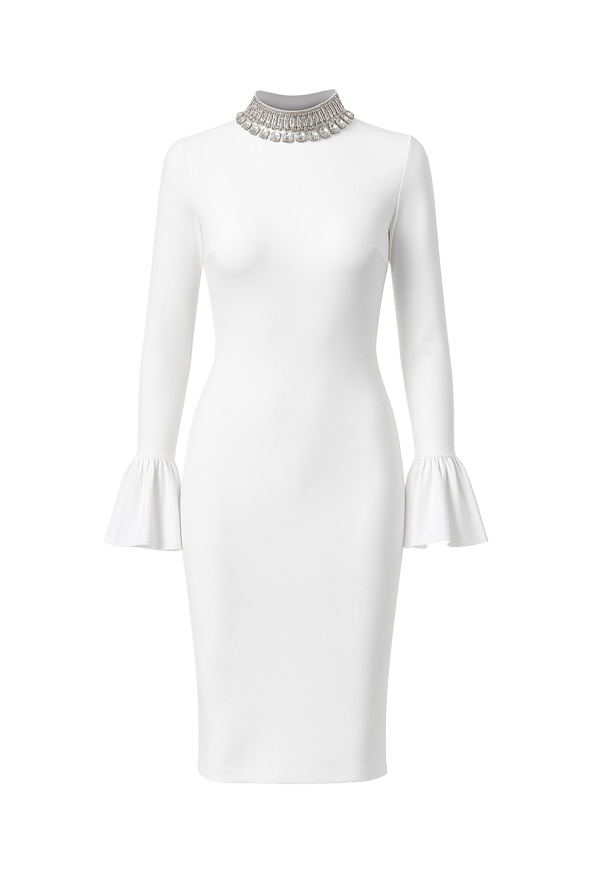 Grand Entrance Bandage Embellished Mock Neck Dress with Bell Sleeves