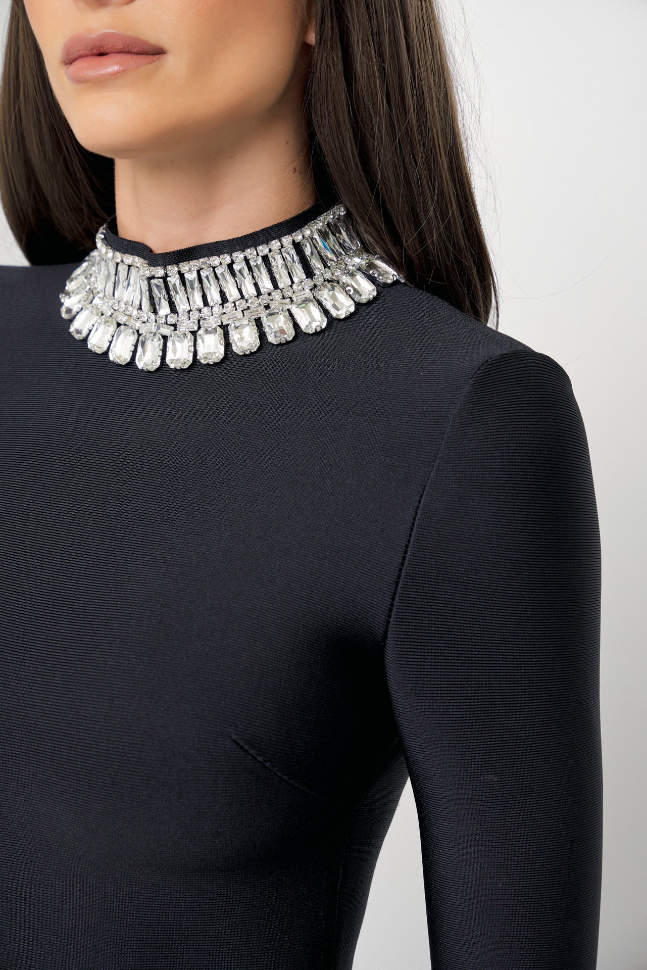 Grand Entrance Bandage Embellished Mock Neck Dress with Bell Sleeves