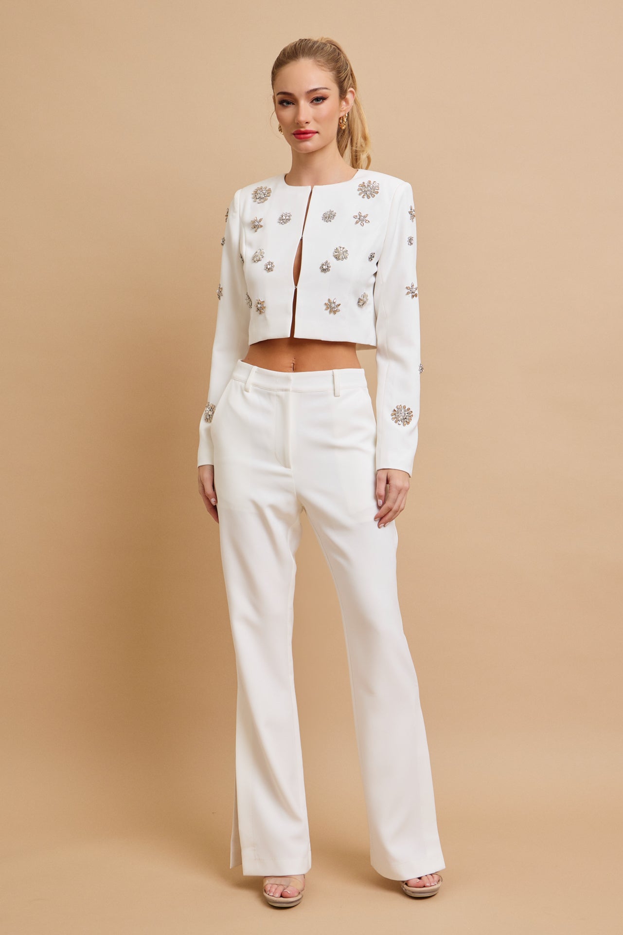 Guesting Woven Embellished Jacket and Flare Pants Set