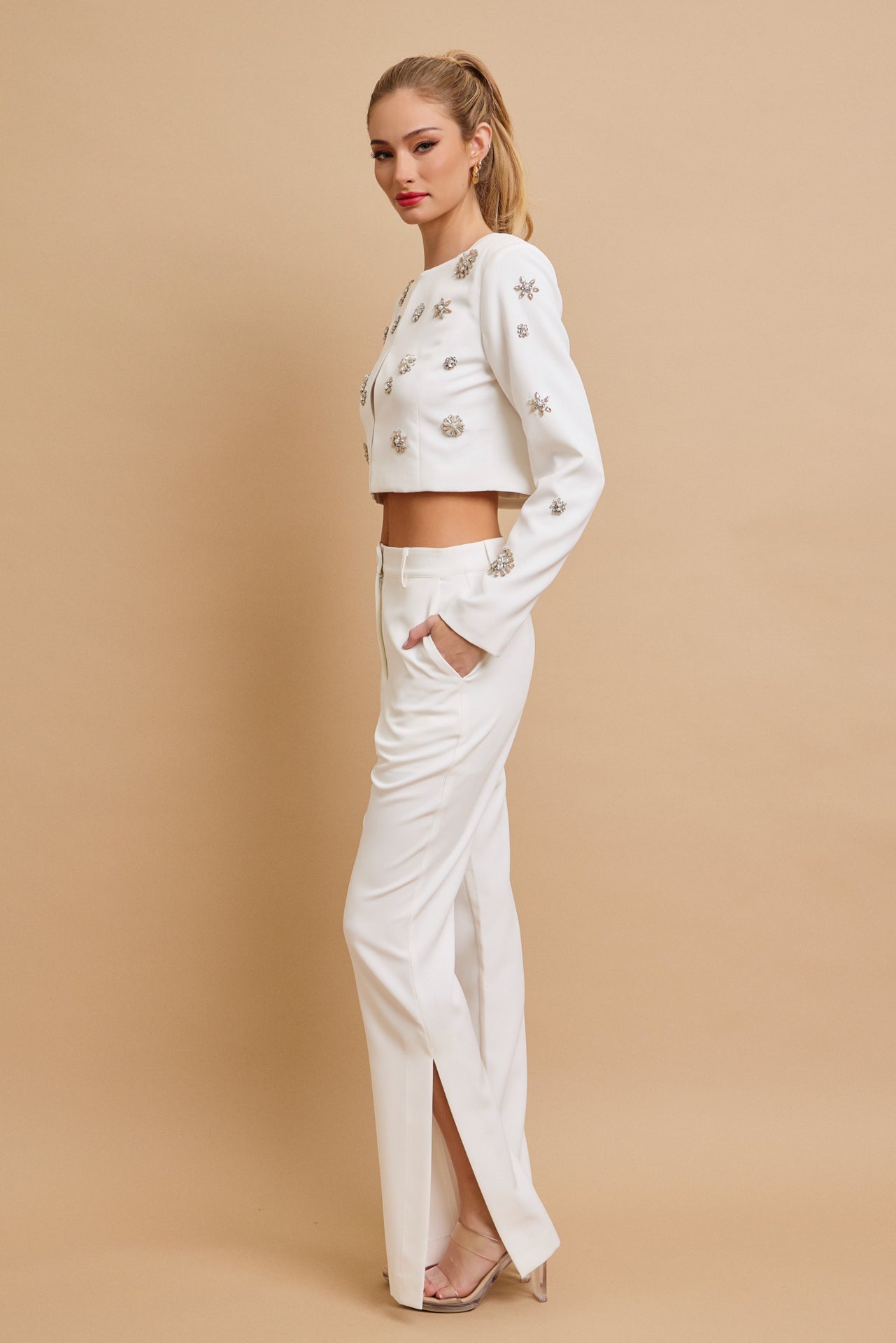 Guesting Woven Embellished Jacket and Flare Pants Set