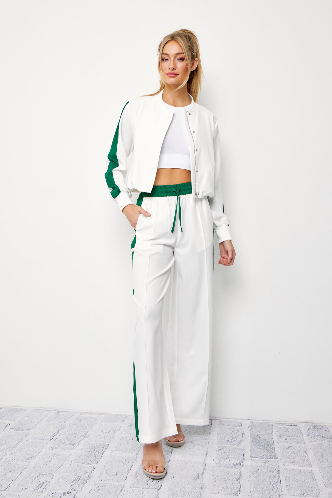 Clara Woven Jacket and Pants Set With Contrast Stripe