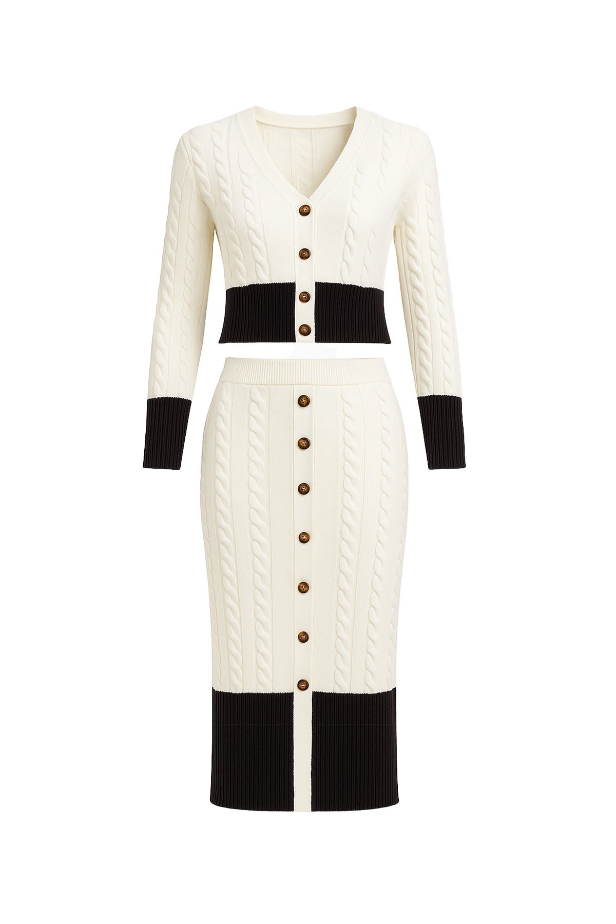 Adelle Cable Knit Colorblock Cardigan and Midi Skirt Set