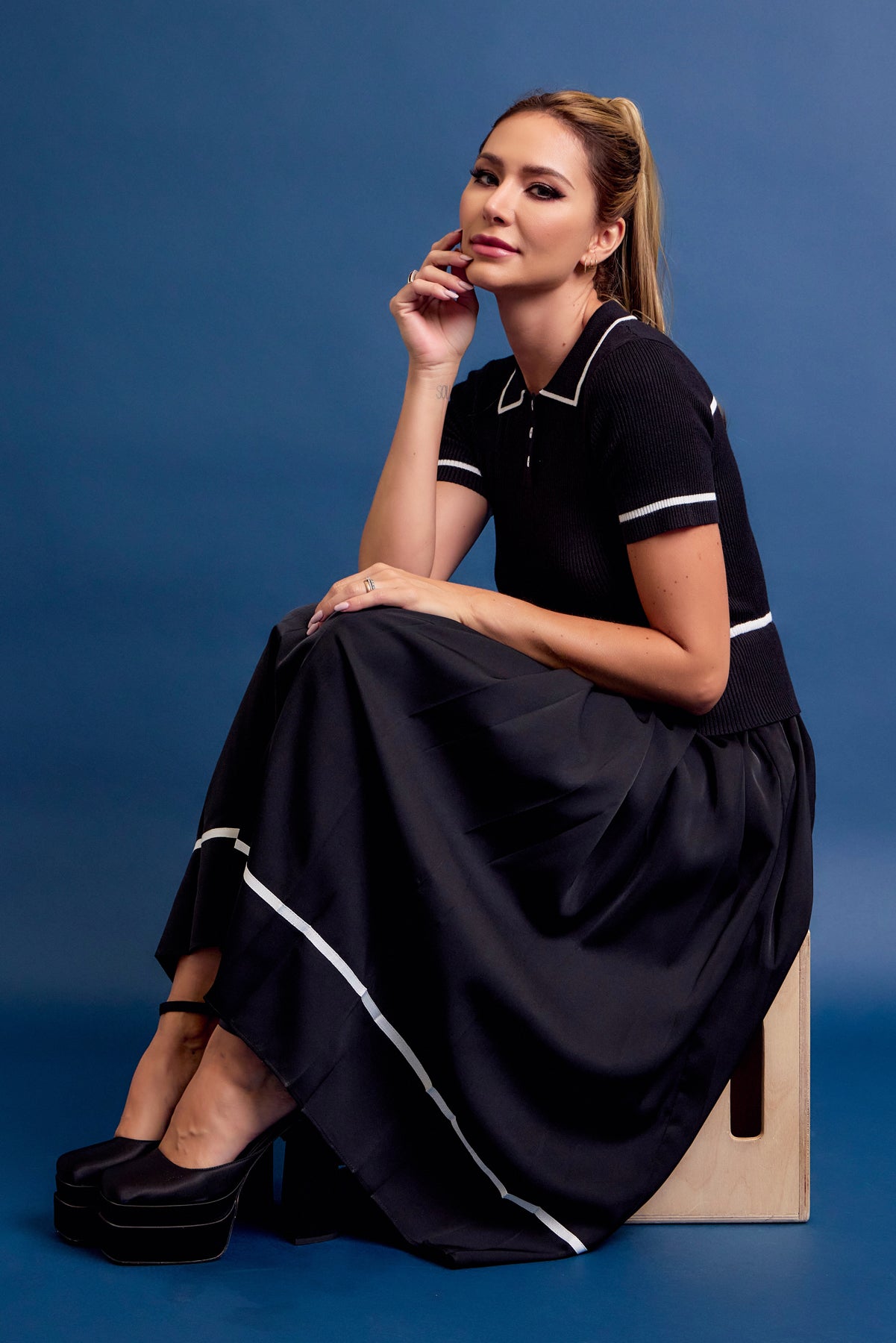 Talyssa Knit Slvls Midi Dress with Pleated Woven Skirt