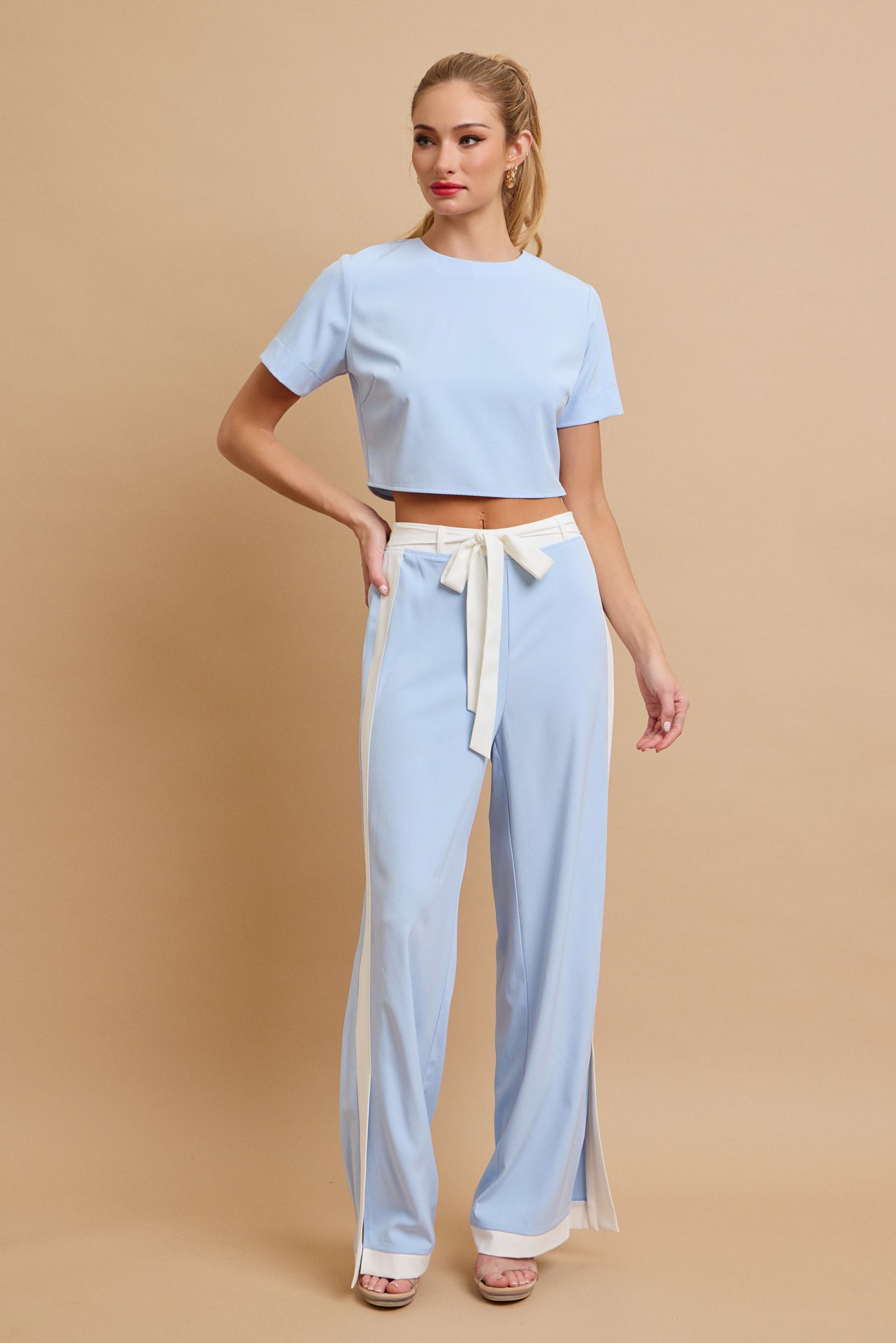 All Occasions Woven Short Sleeve Crop Top and Pants With Contrast Set