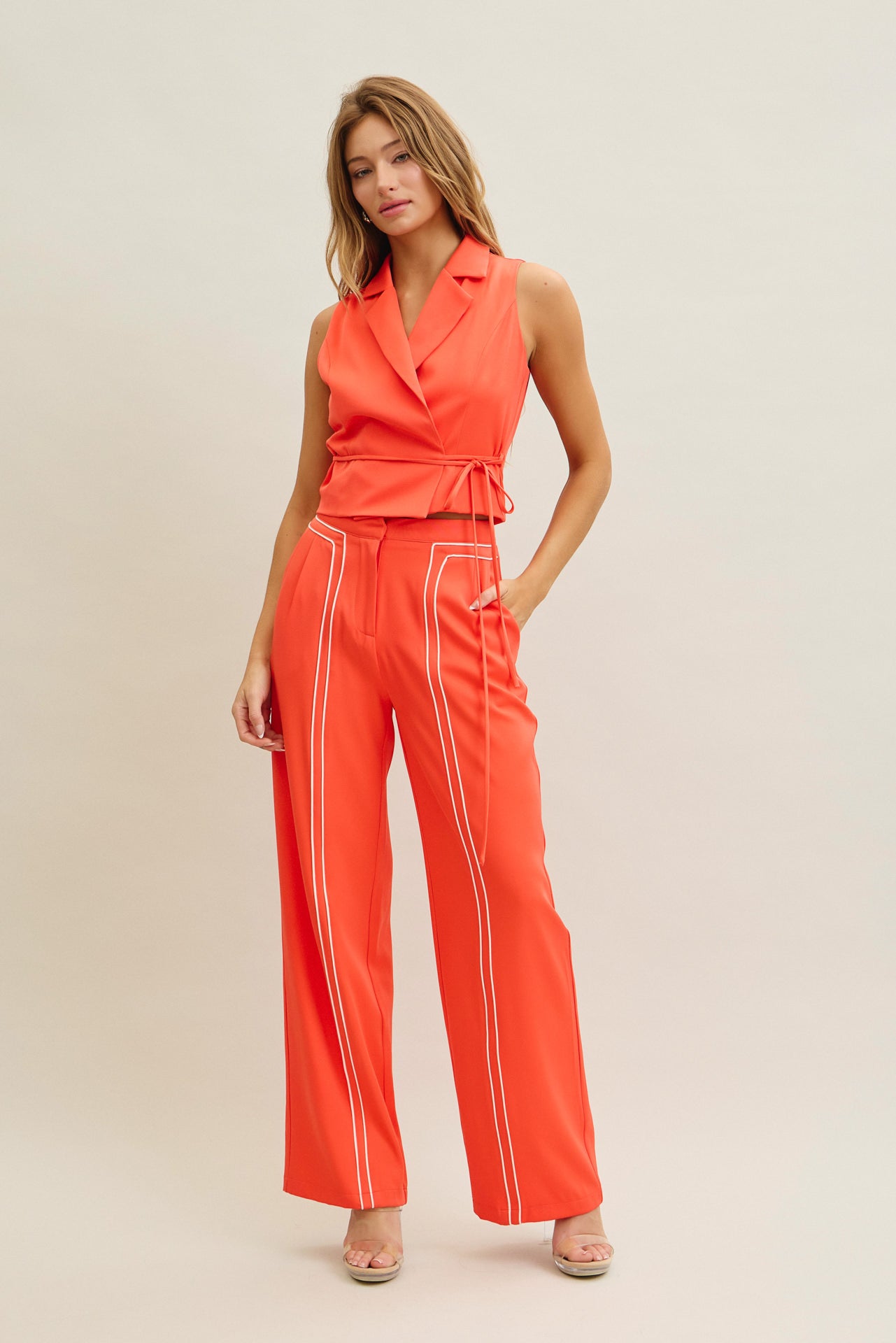 Chic Workwear Woven Crop Vest With Tie And Pants Set