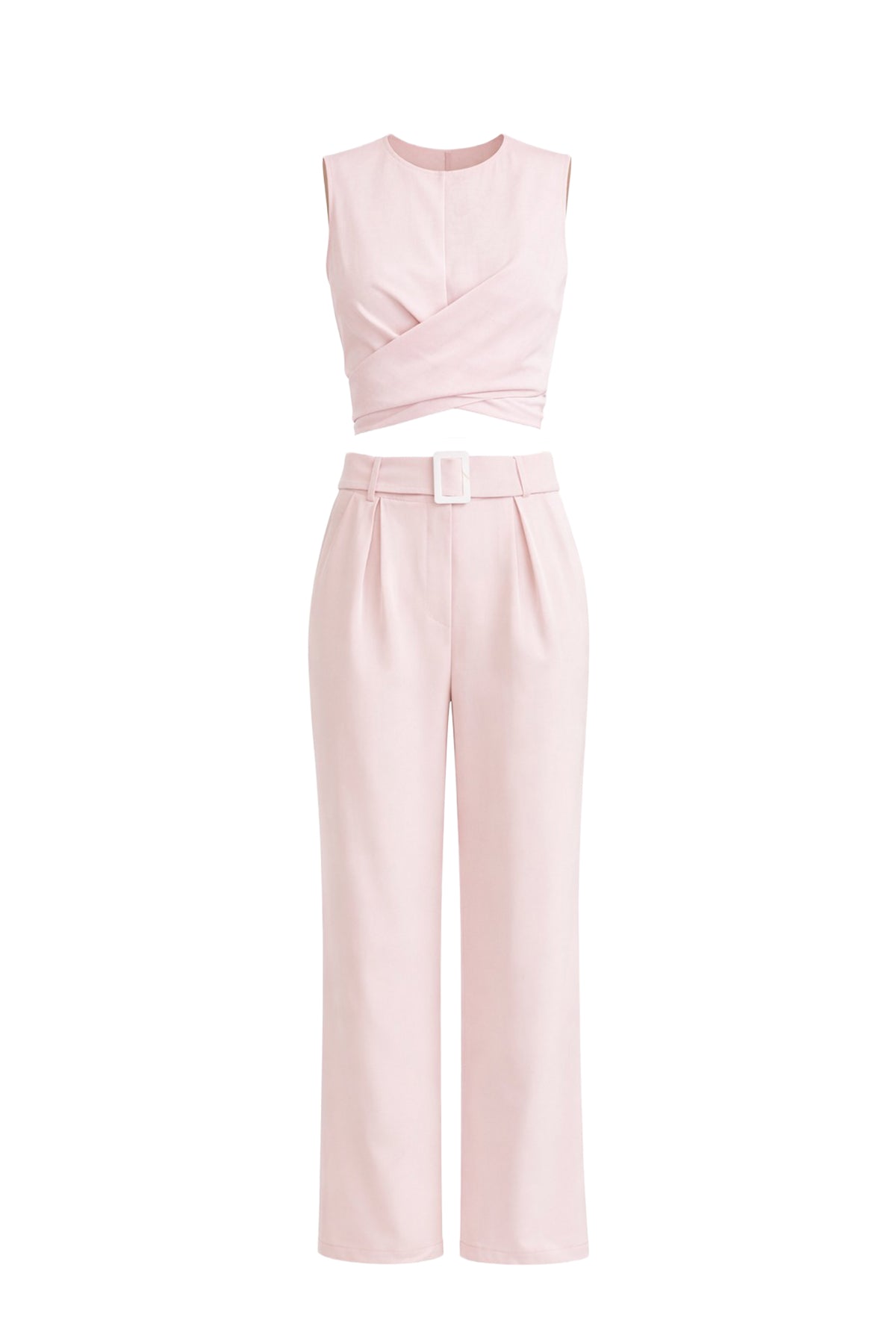 Keeping It Smart Woven Sleeveless Crop Wrap Top and Pants With Belt Set