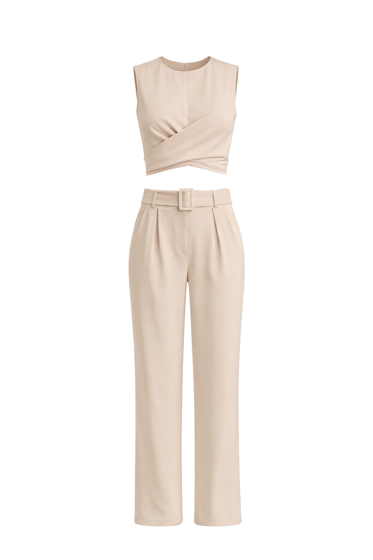 Keeping It Smart Woven Sleeveless Crop Wrap Top and Pants With Belt Set