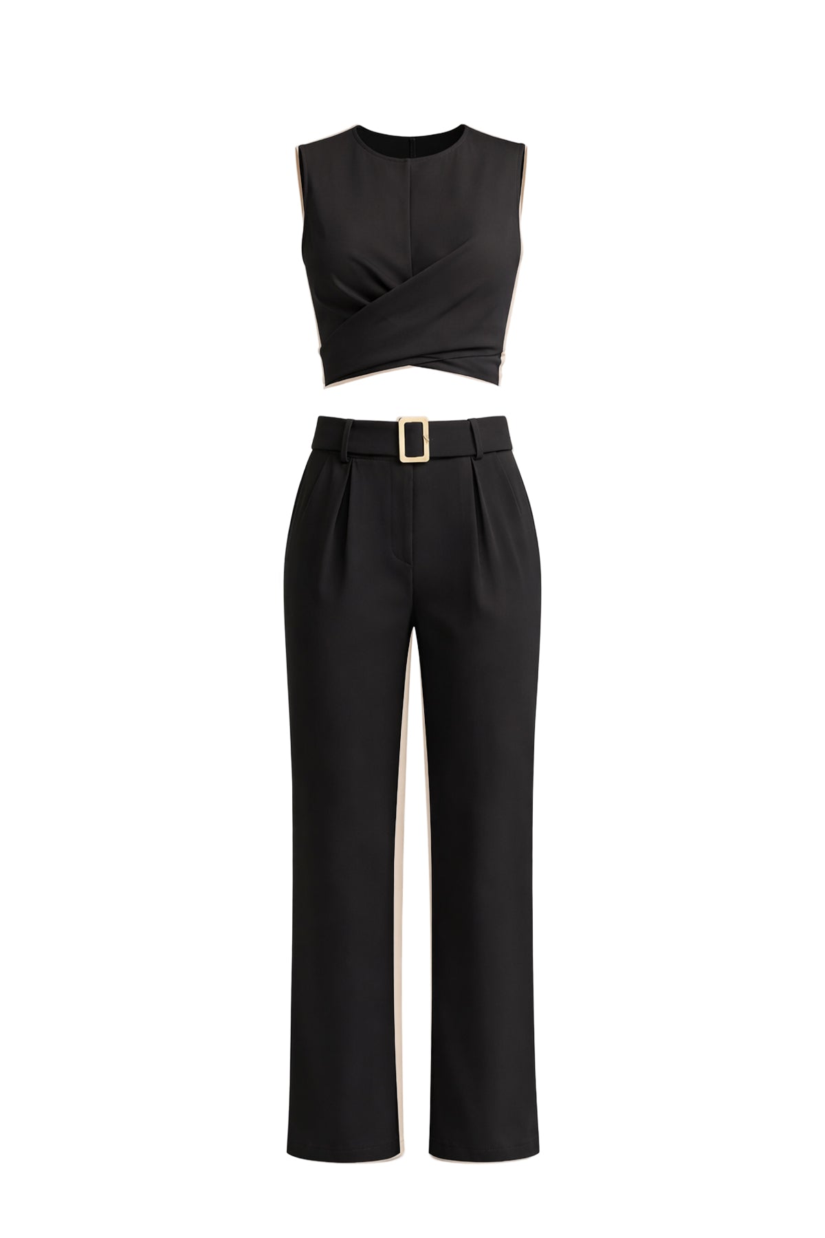 Keeping It Smart Woven Sleeveless Crop Wrap Top and Pants With Belt Set