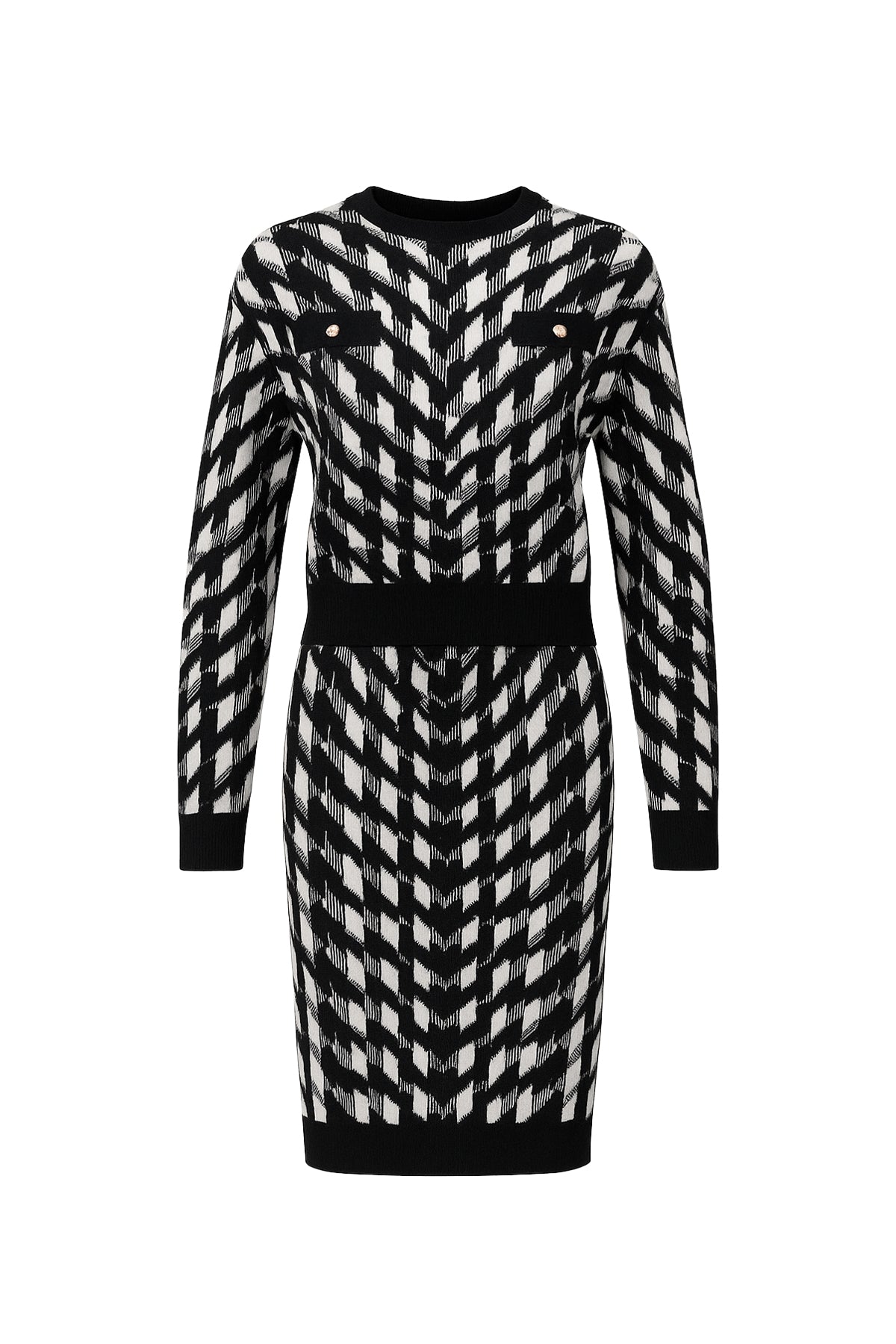Houndstooth Knit Long Sleeve Top and Skirt Set