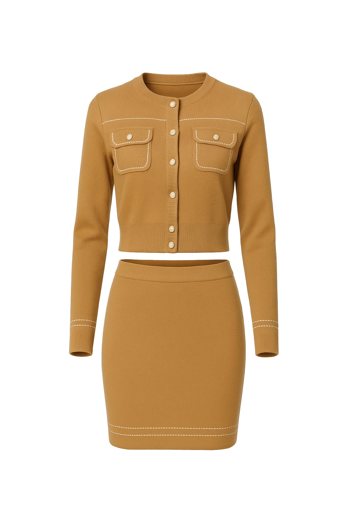 Cressida Knit Cardigan and Skirt Set With Contrast Stitching