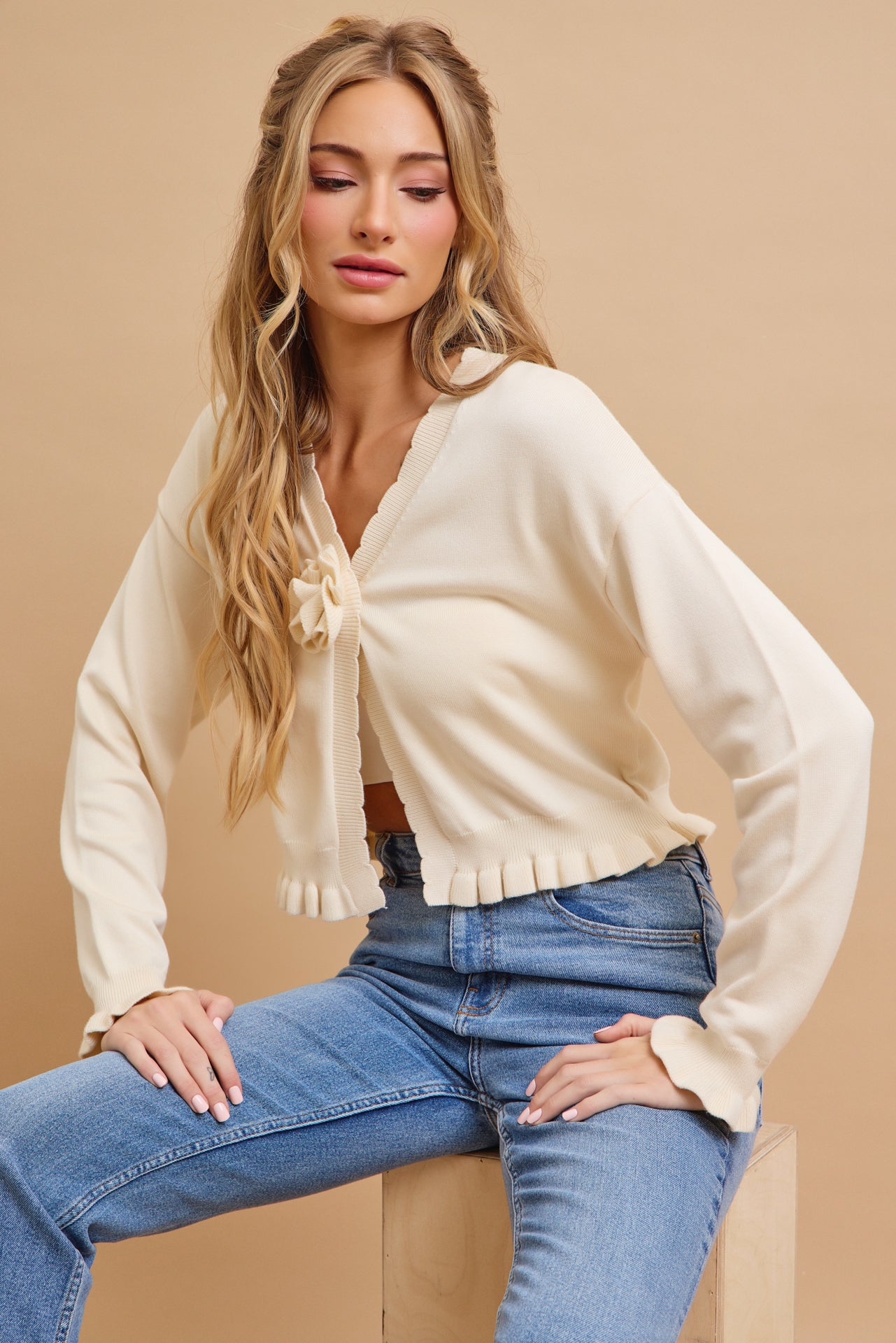 Rosette Ruffle Charm Knit Cardigan