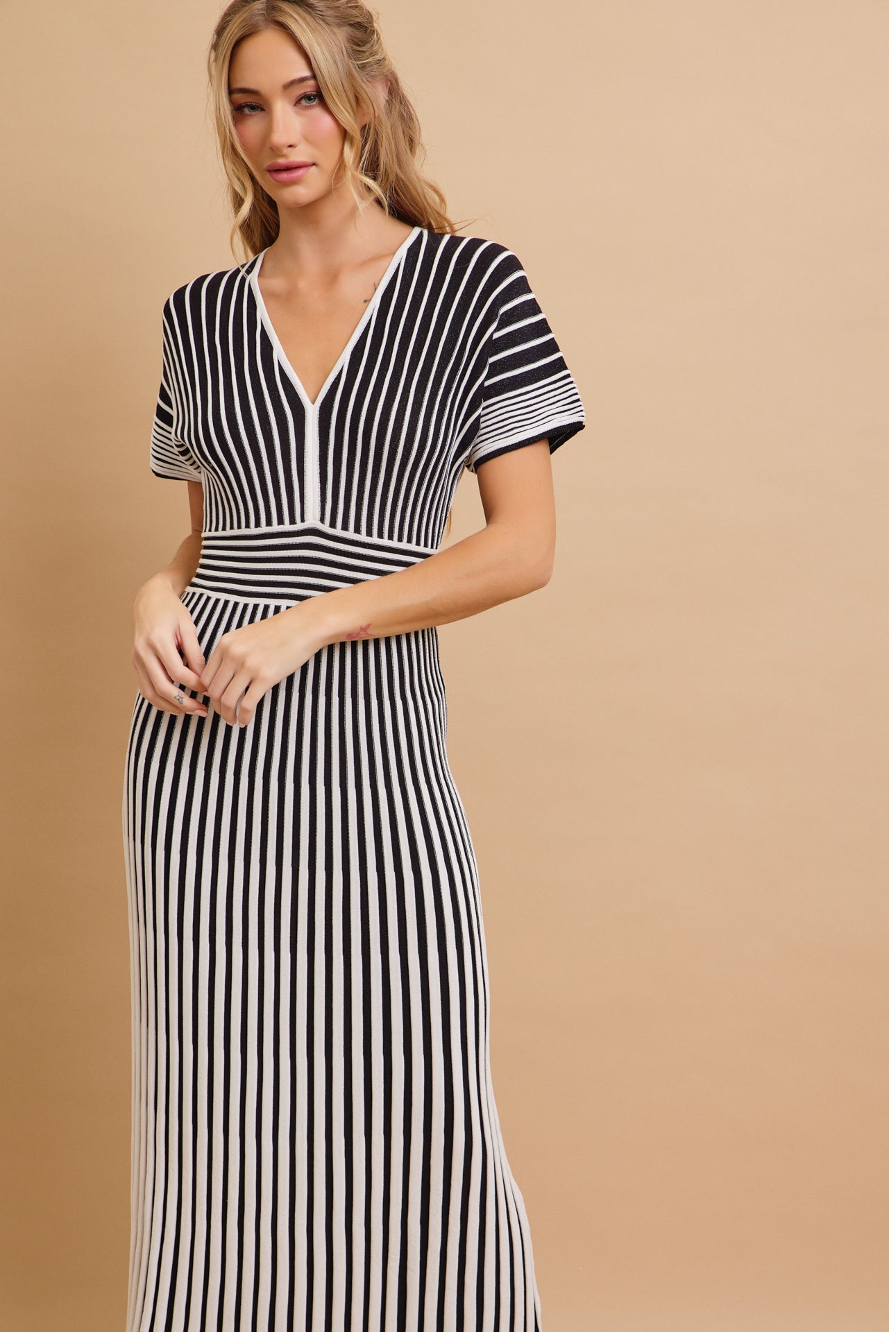 Take Her Out Pleated Knit Short Sleeve Maxi Dress