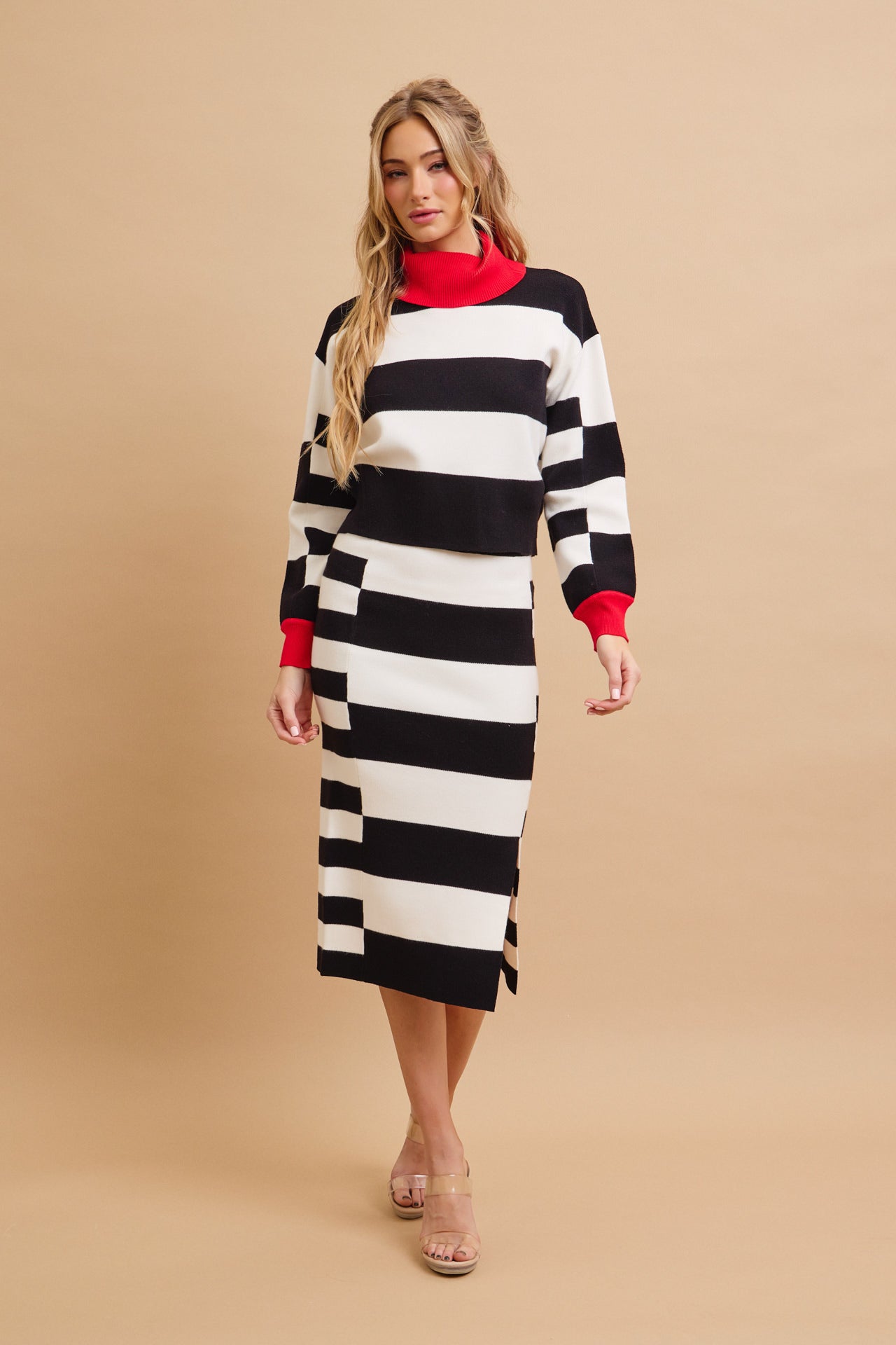 Happy Place Color Block Knit Turtle-Neck Top and Skirt Set
