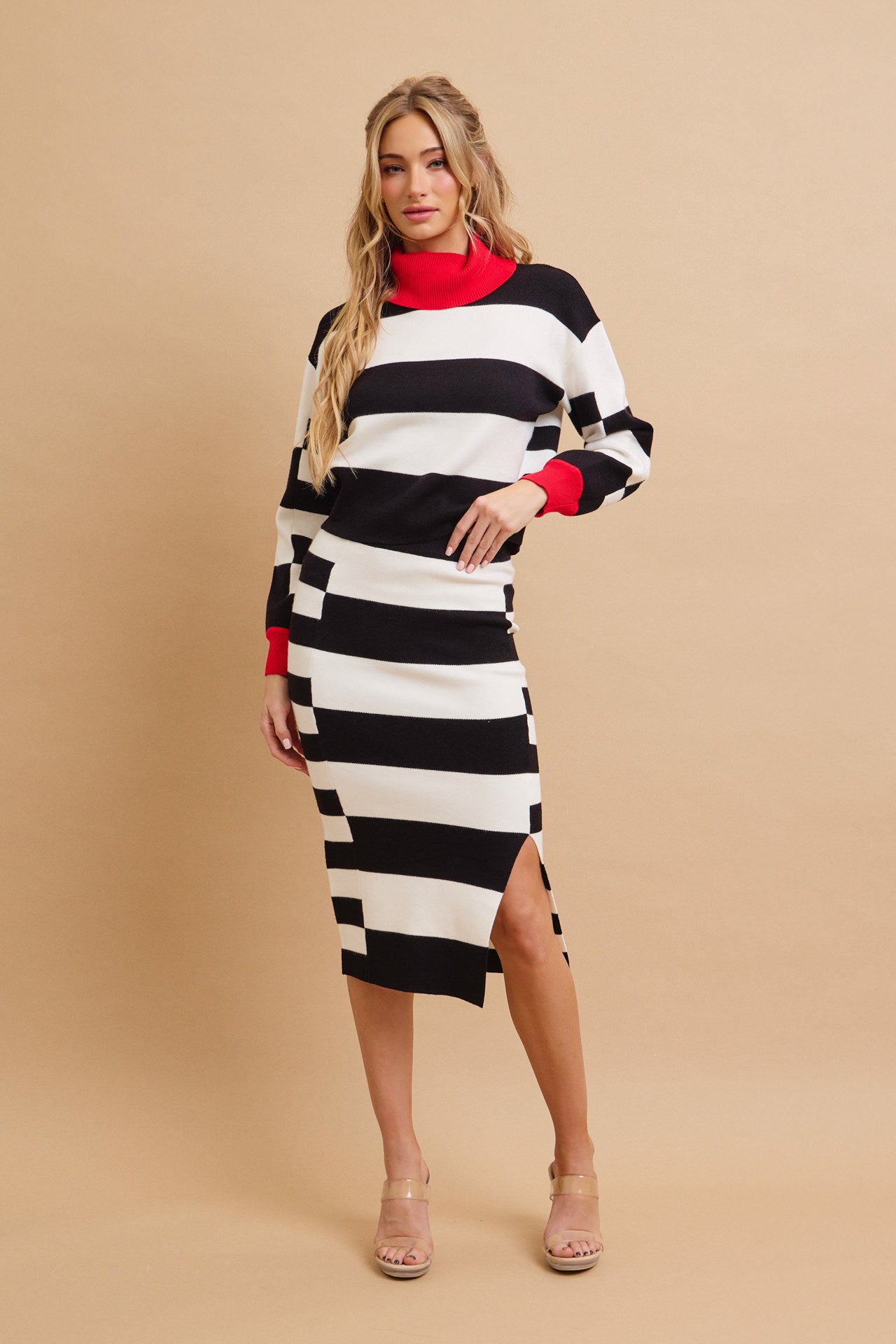 Happy Place Color Block Knit Turtle-Neck Top and Skirt Set