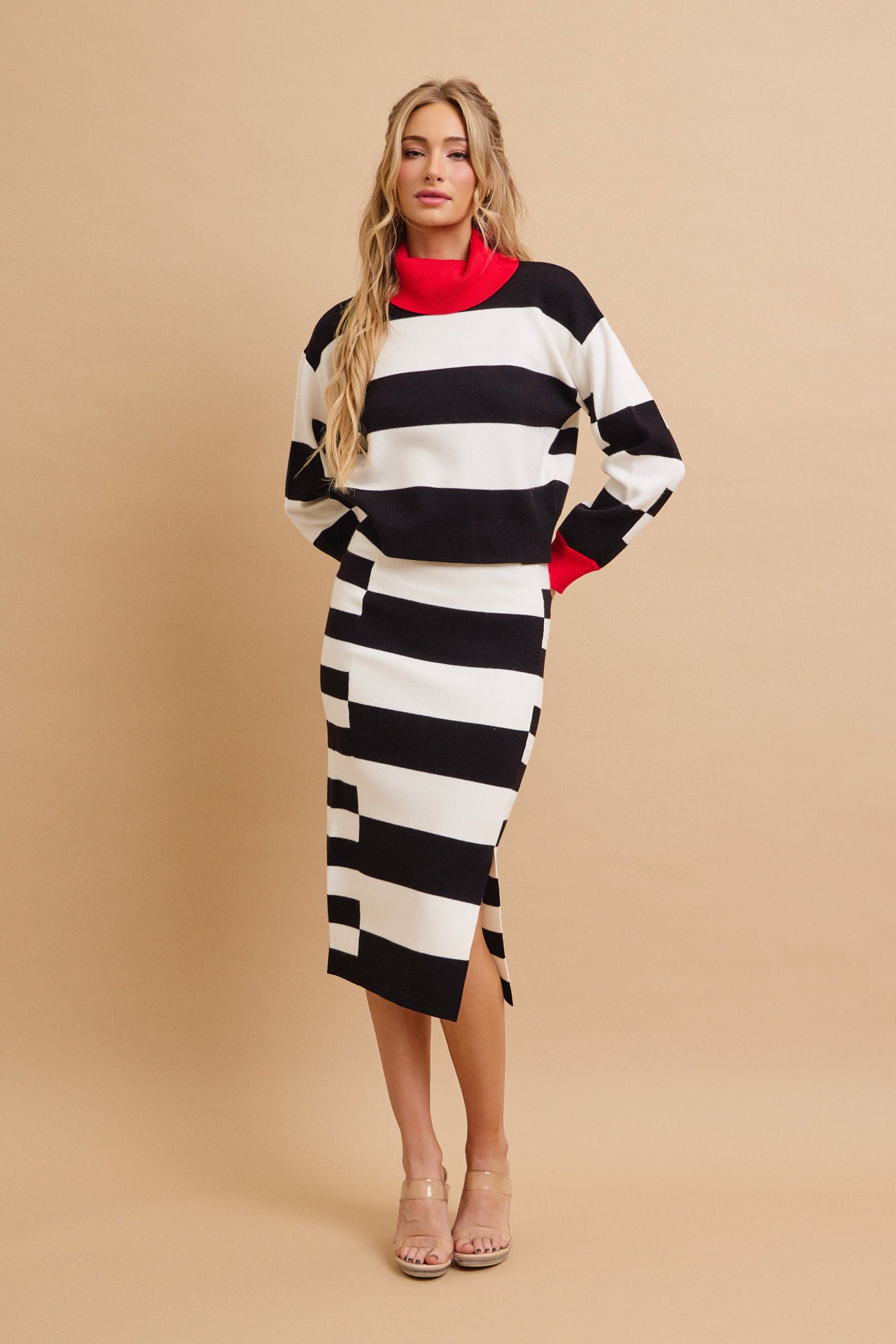Happy Place Color Block Knit Turtle-Neck Top and Skirt Set