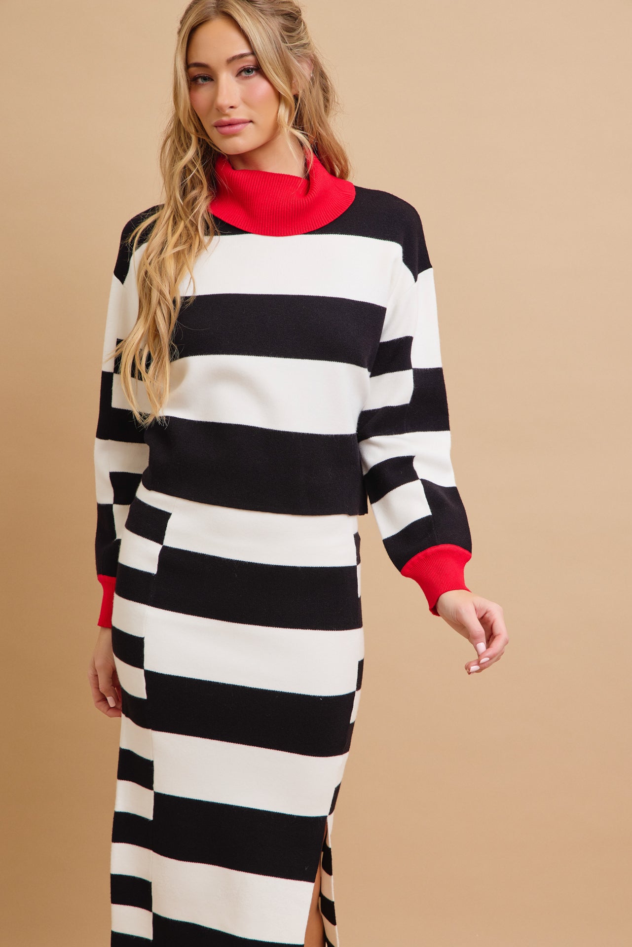 Happy Place Color Block Knit Turtle-Neck Top and Skirt Set