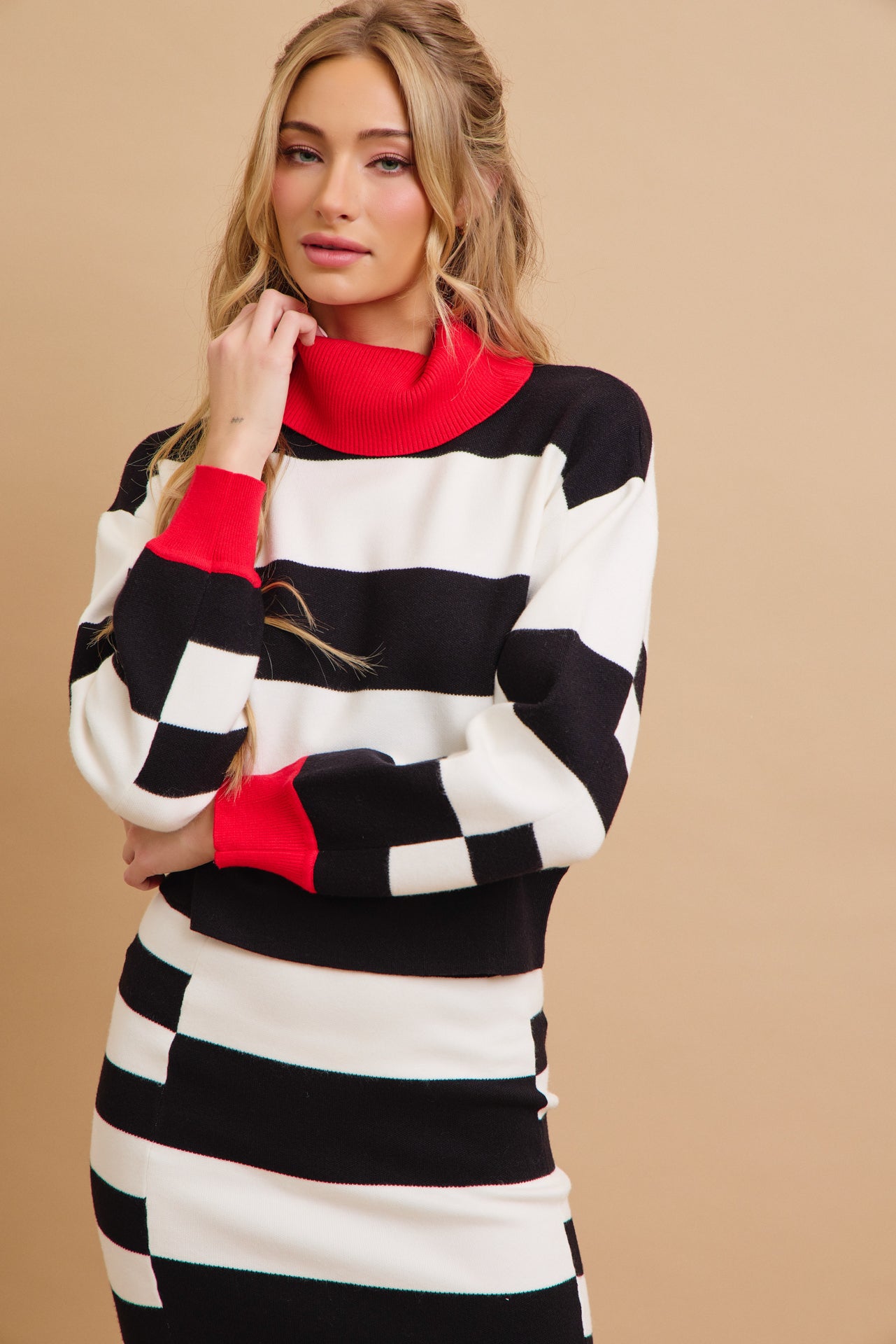 Happy Place Color Block Knit Turtle-Neck Top and Skirt Set