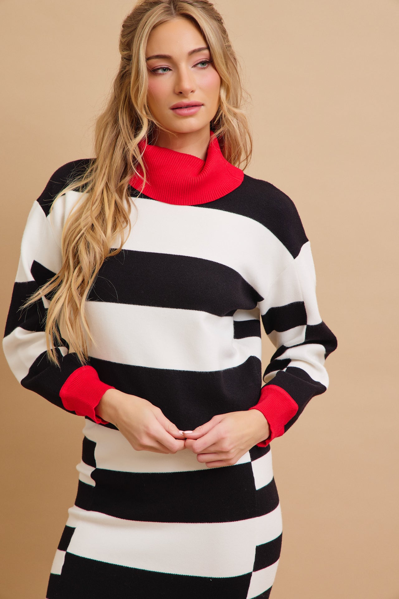 Happy Place Color Block Knit Turtle-Neck Top and Skirt Set