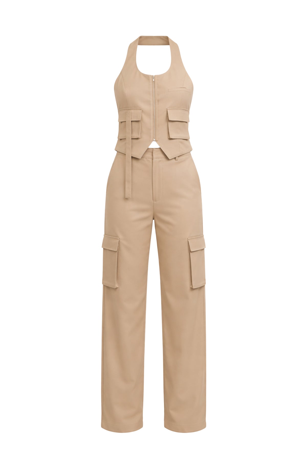 Tomboy Chic Woven Cargo Halter Vest And Pants Set