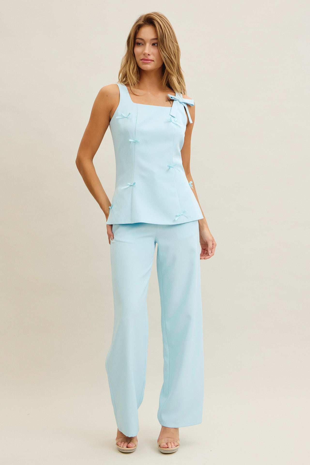 Avani Woven Bow Embellished Sleeveless Top and Pants Set