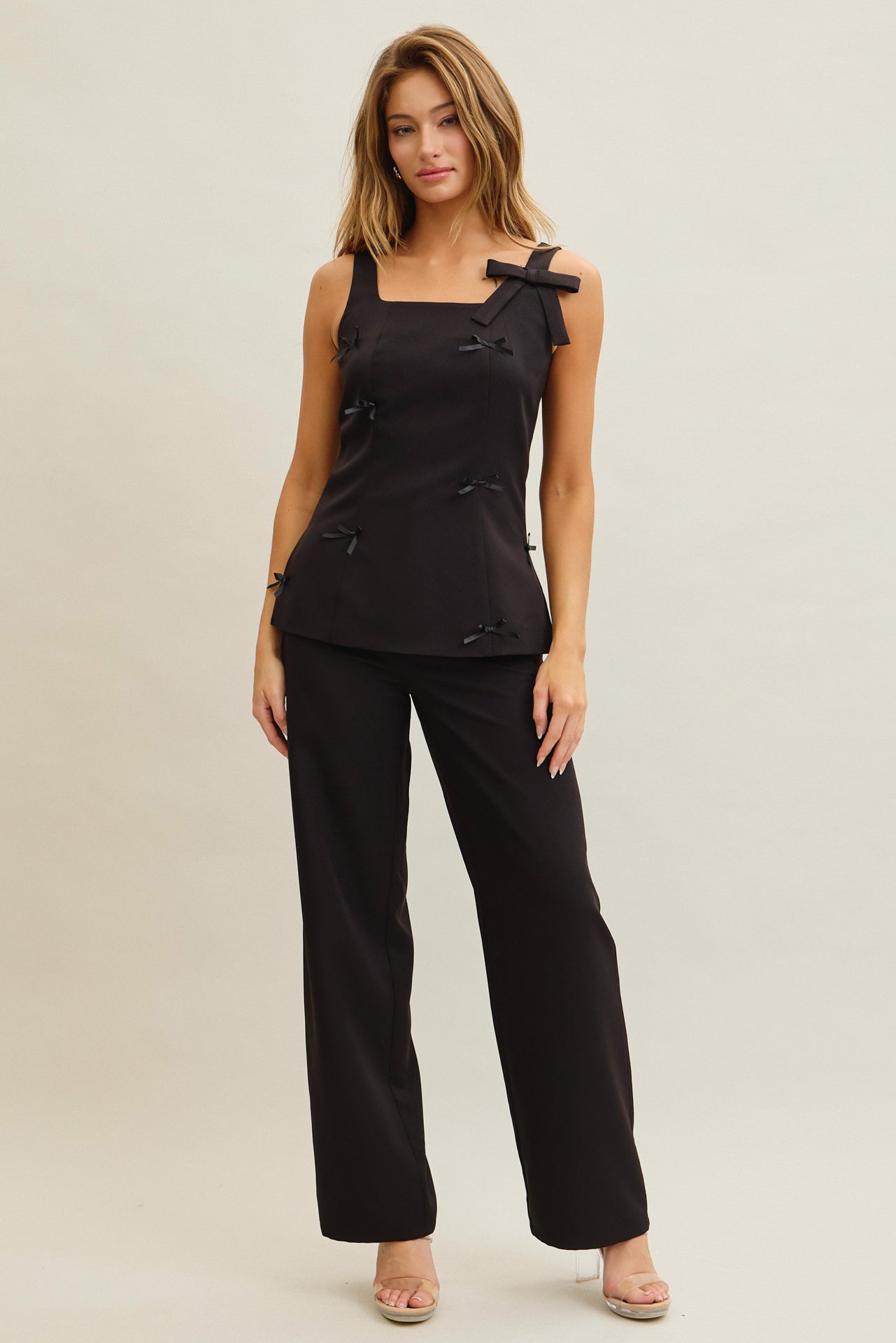Avani Woven Bow Embellished Sleeveless Top and Pants Set