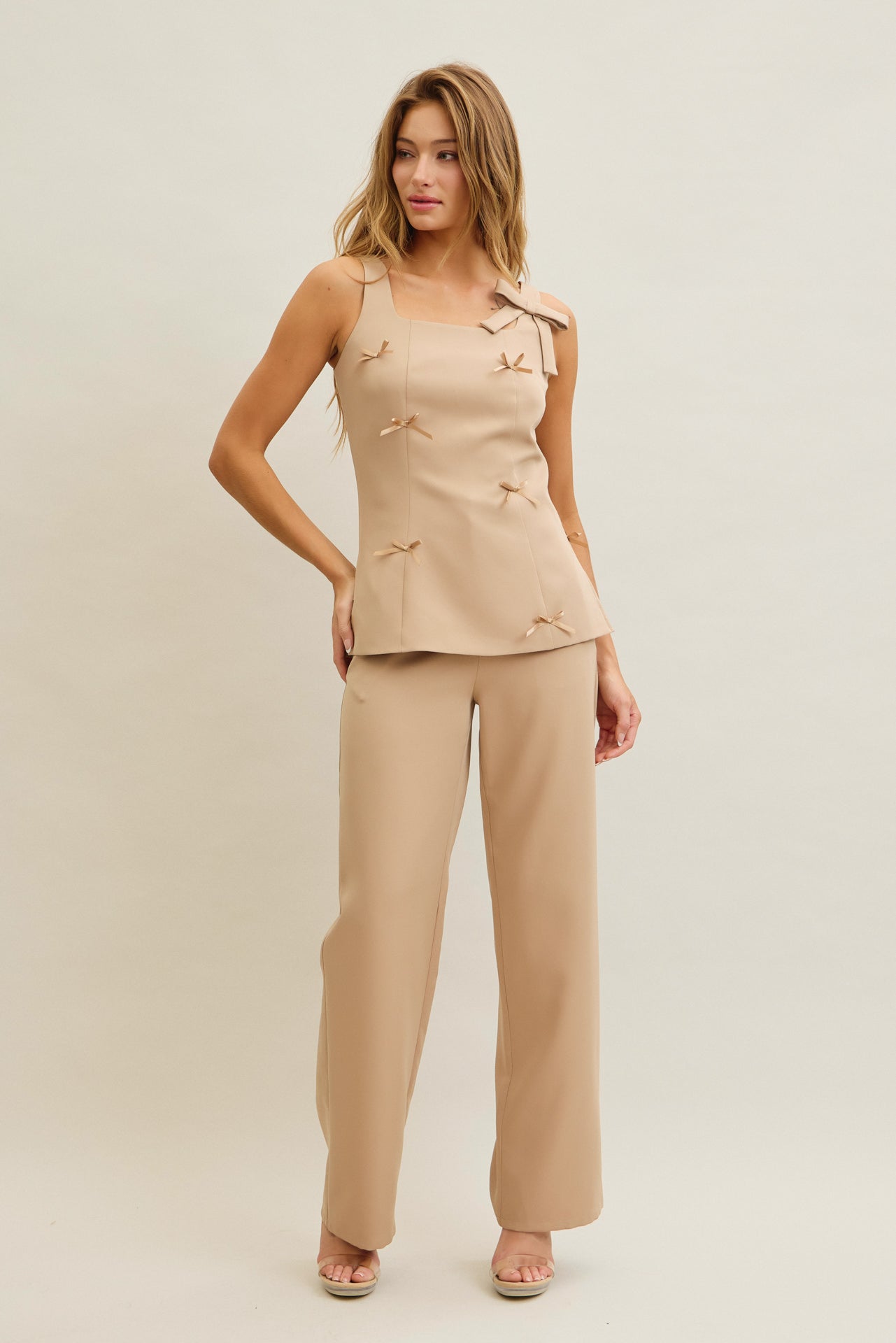 Avani Woven Bow Embellished Sleeveless Top and Pants Set