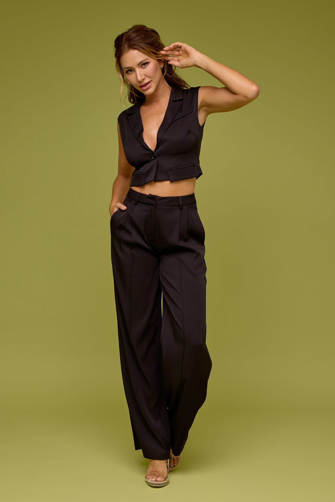 Marceline Woven Crop Vest & Wide Leg Pants Set