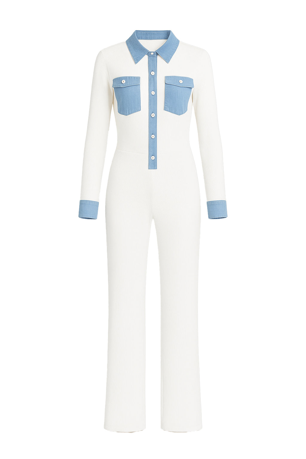 Henley Knit Collared Shirt With Denim Contrast And Pants Set