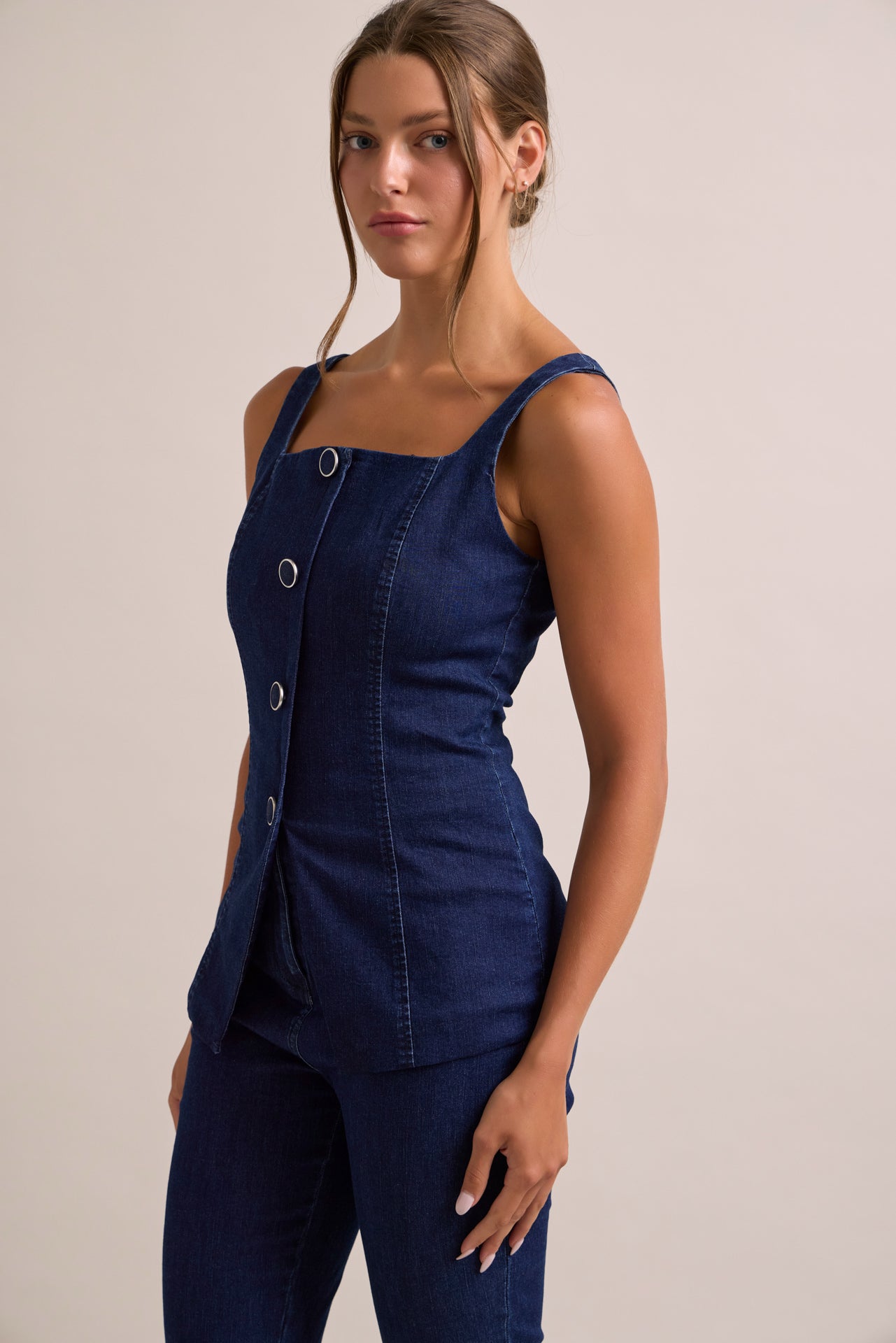 Seren Denim Button Down Top With Pants Set