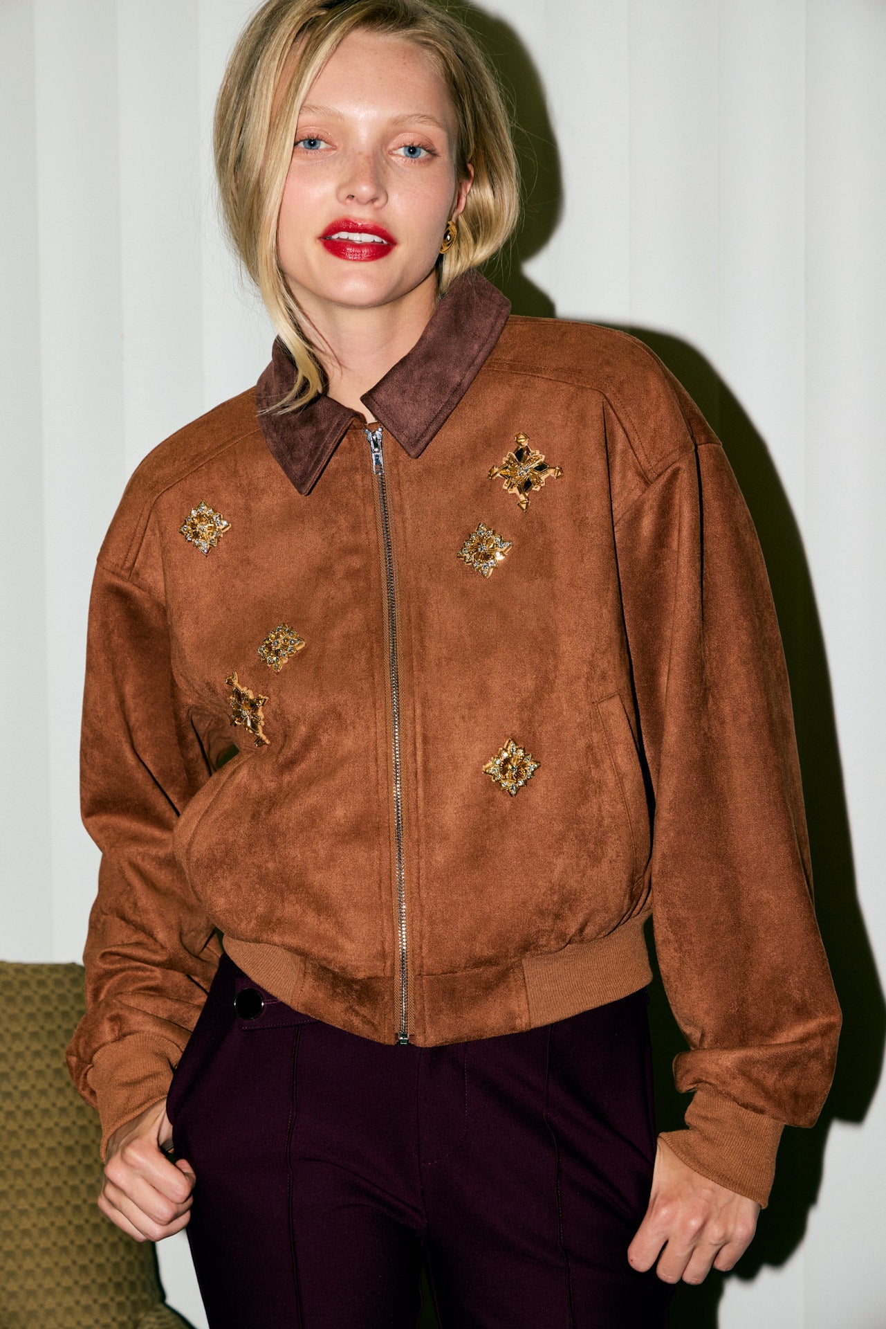 Embellished Crest Suede Jacket
