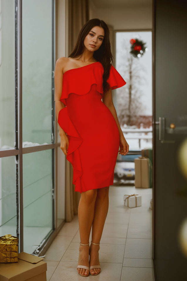 One Shoulder Ruffle Bandage Dress