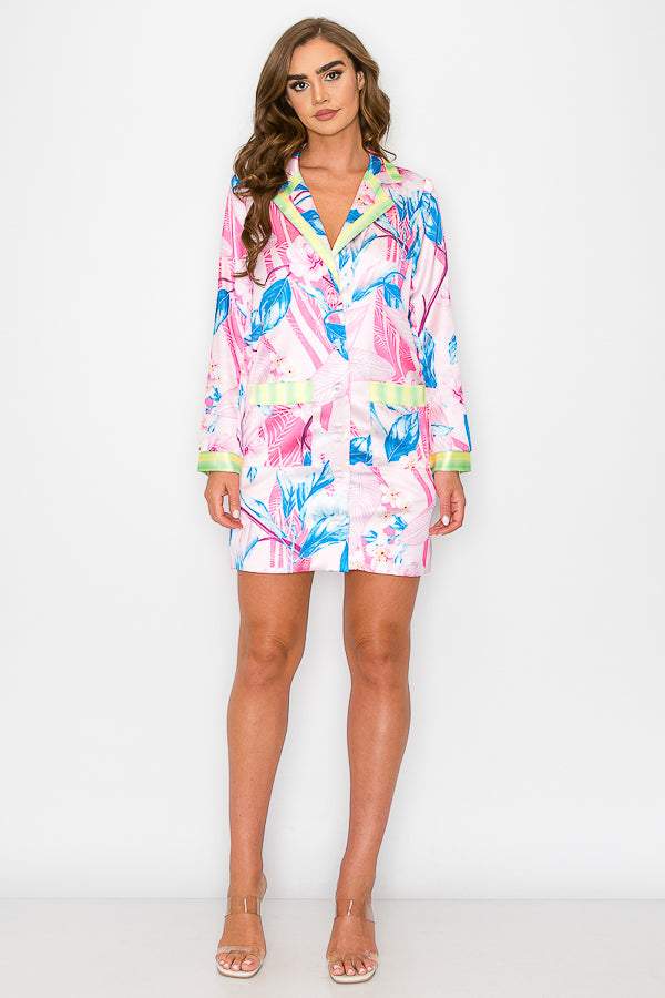 Long Sleeve Floral Printed Satin Button Shirt Dress