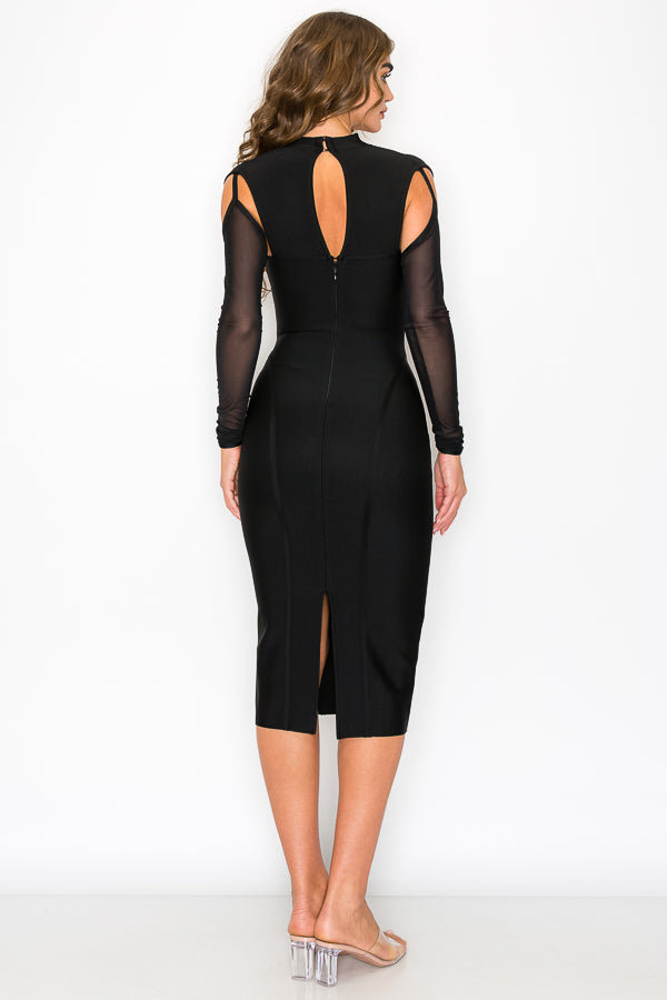 Sweetheart Neck Mesh Long sleeve Midi Dress