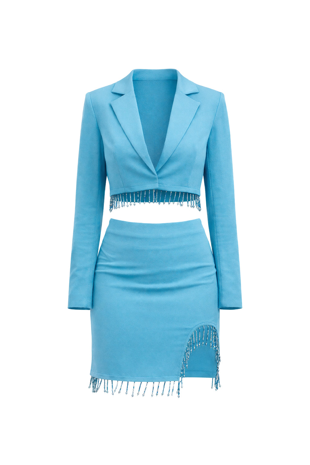 Long Sleeve Cropped Blazer and Mini Skirt Set With Trim