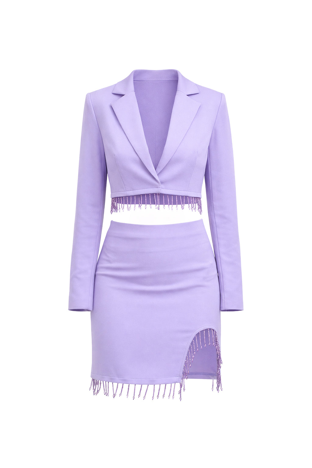 Conjunto de blazer corto de manga larga y minifalda con ribete