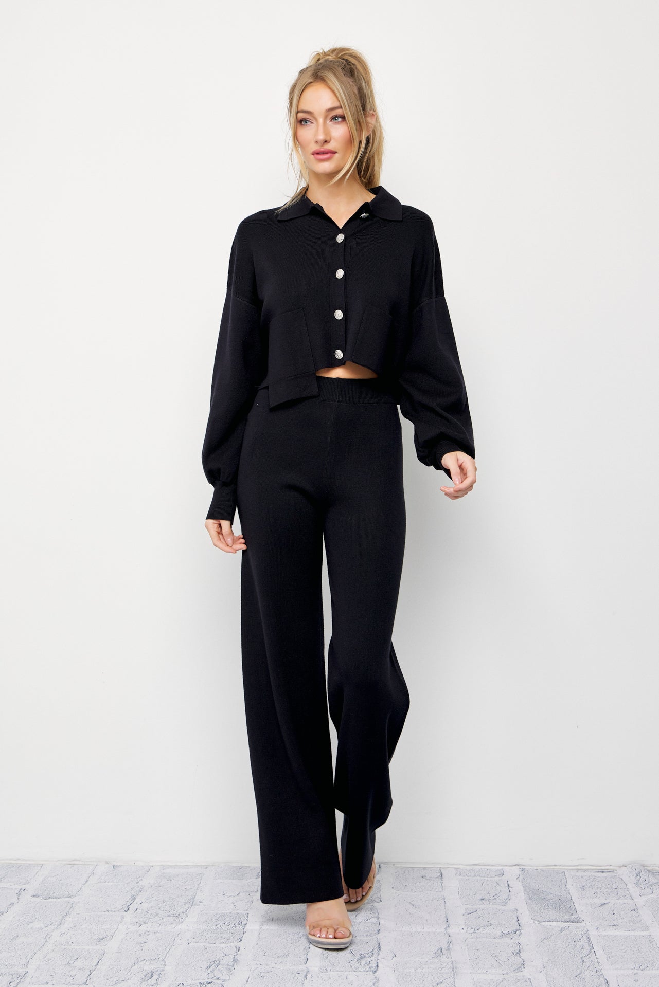 Brielle Knit Crop Asymmetrical Hem Cardigan and Pants Set