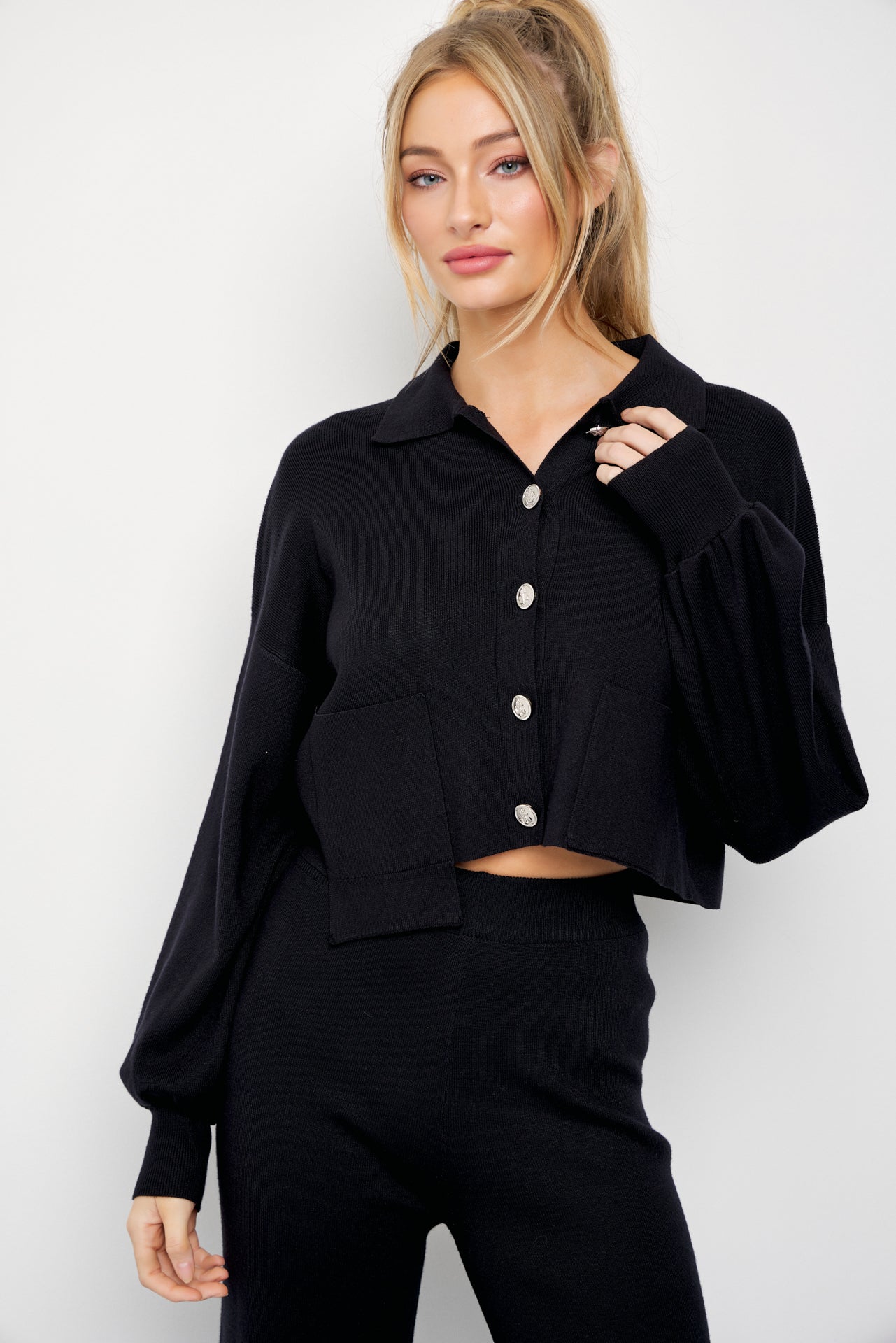 Brielle Knit Crop Asymmetrical Hem Cardigan and Pants Set