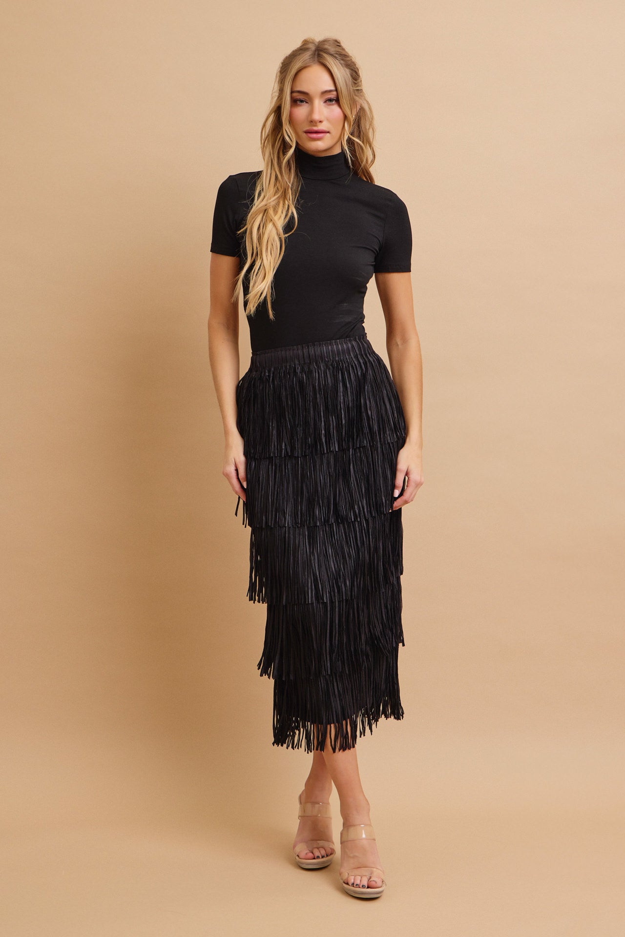 Tiered Fringe Skirt With Elastic Waist