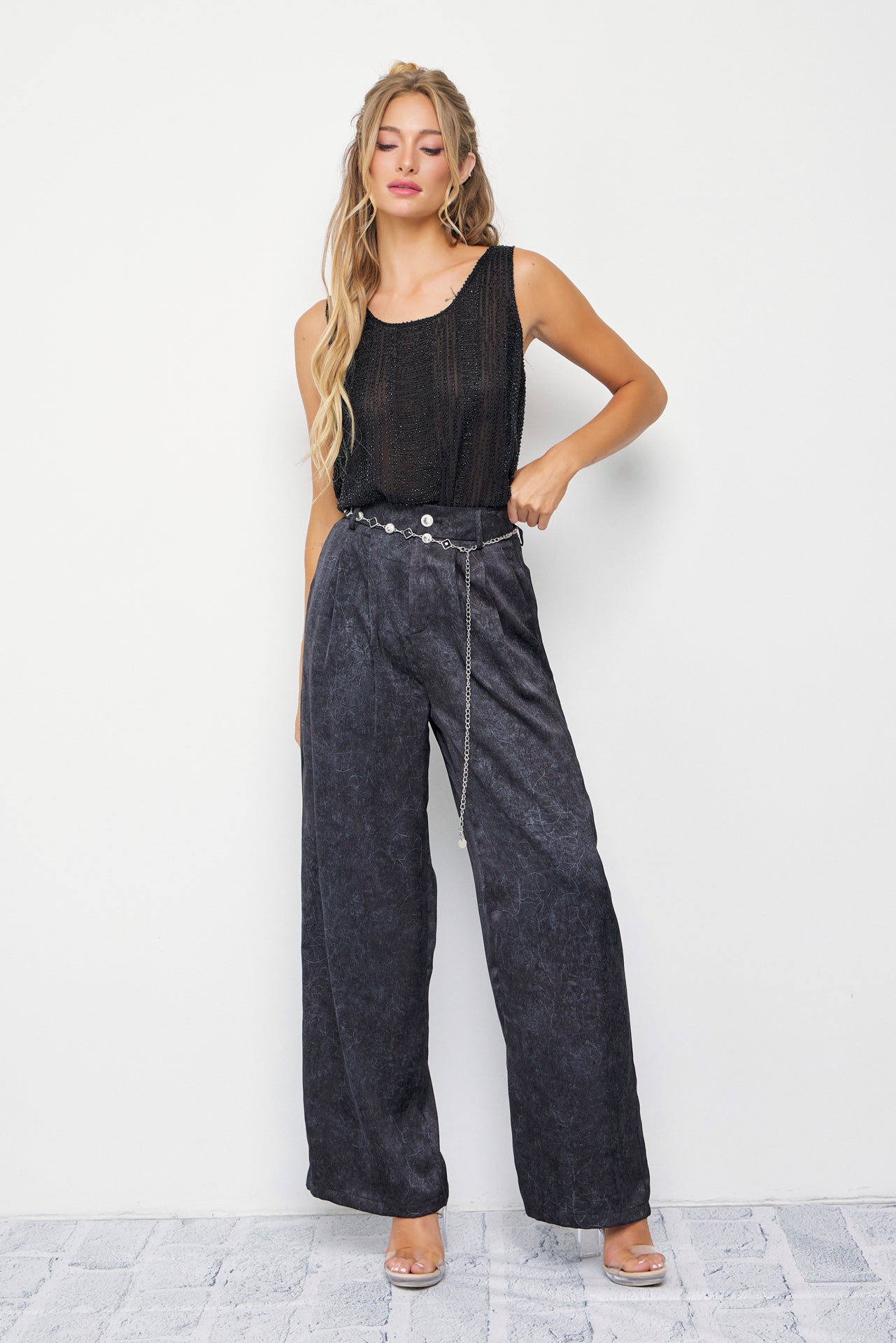 Crinkled Wide Leg Pants with Belt