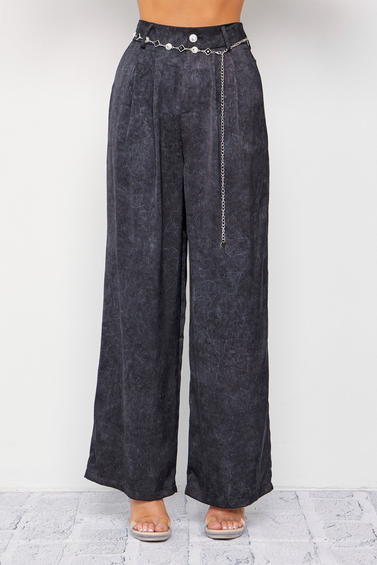 Crinkled Wide Leg Pants with Belt