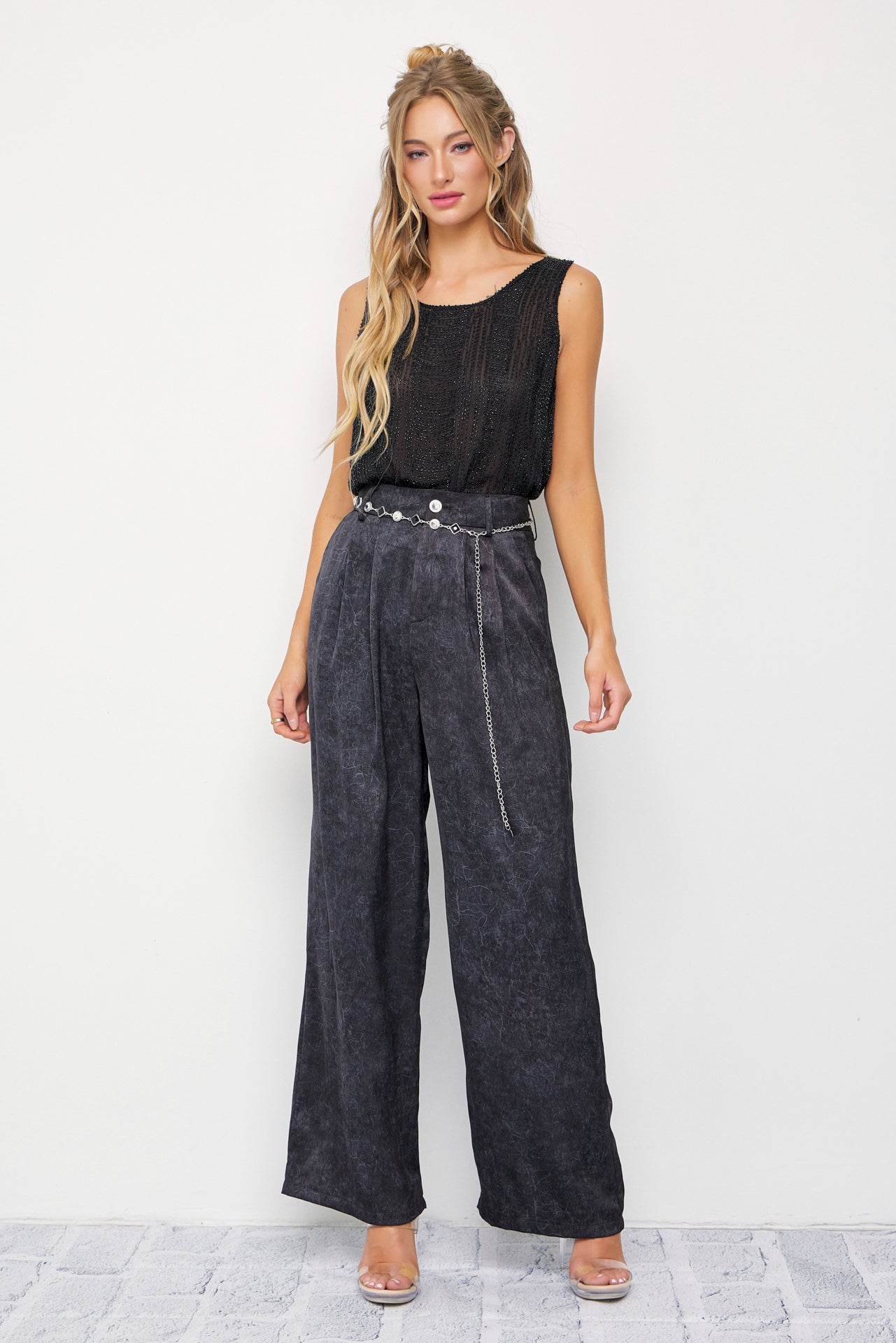 Crinkled Wide Leg Pants with Belt
