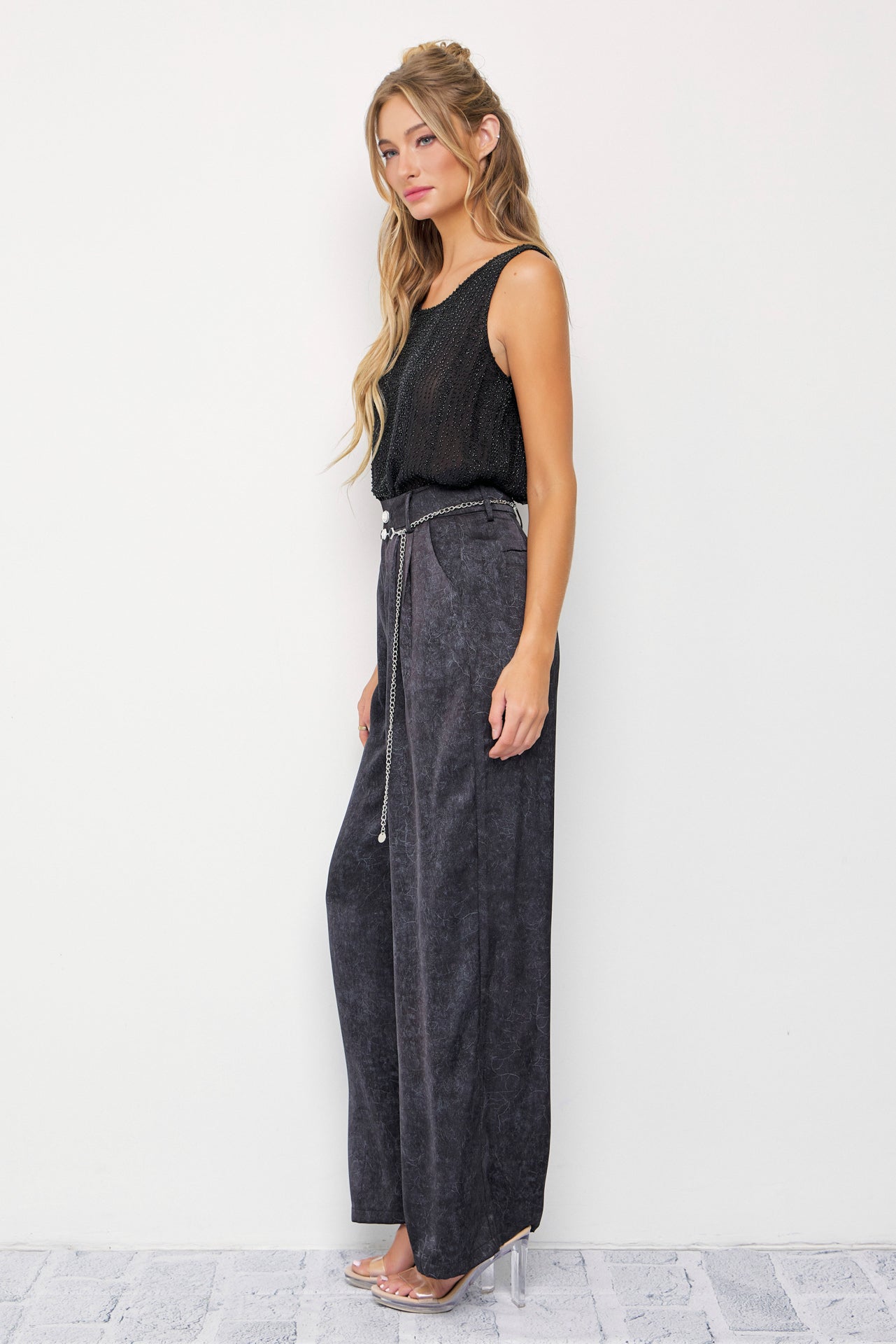 Crinkled Wide Leg Pants with Belt