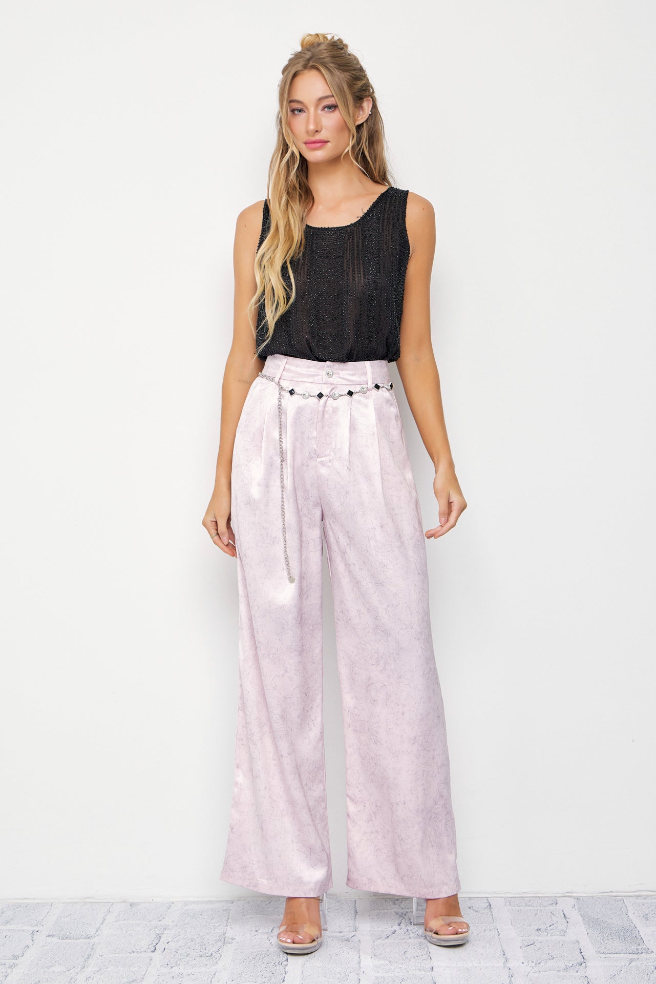 Crinkled Wide Leg Pants with Belt