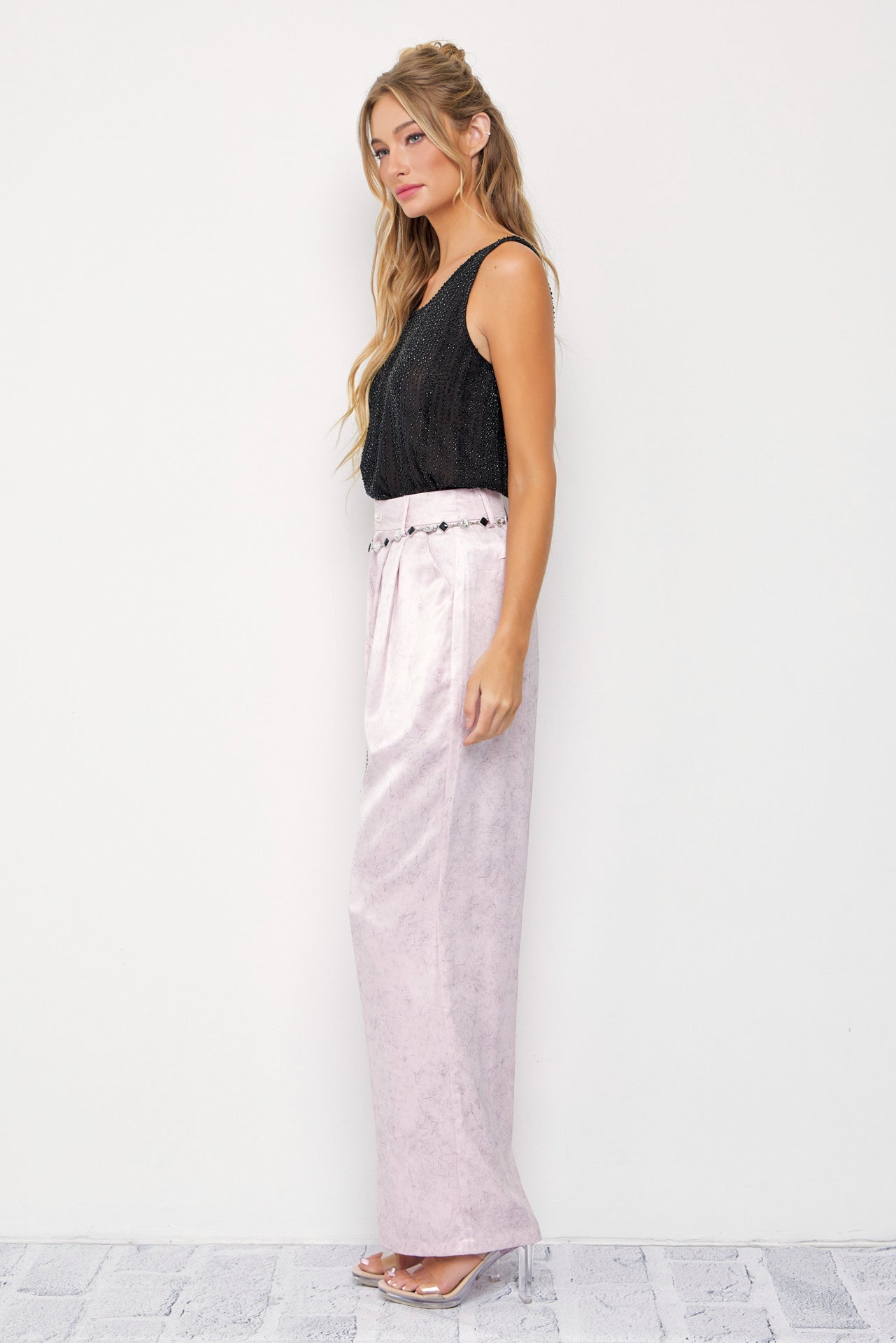 Crinkled Wide Leg Pants with Belt