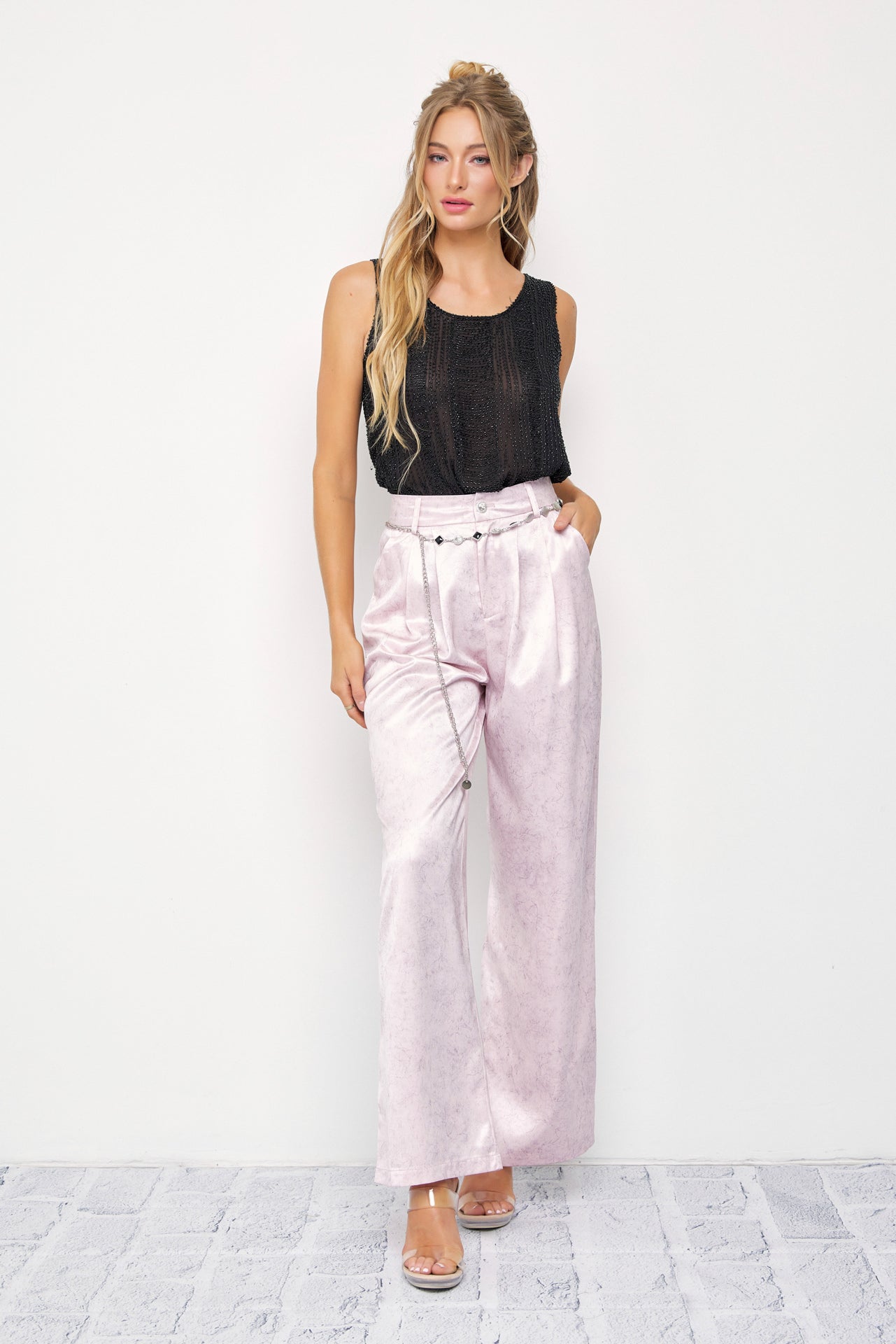 Crinkled Wide Leg Pants with Belt