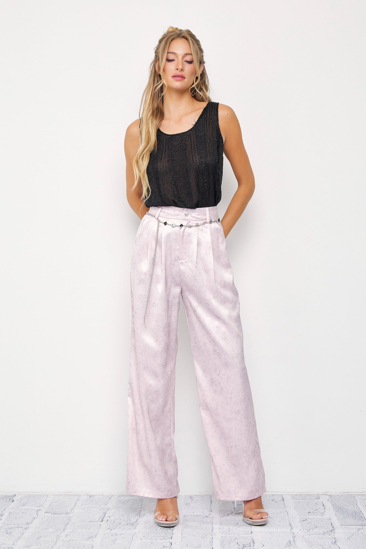 Crinkled Wide Leg Pants with Belt