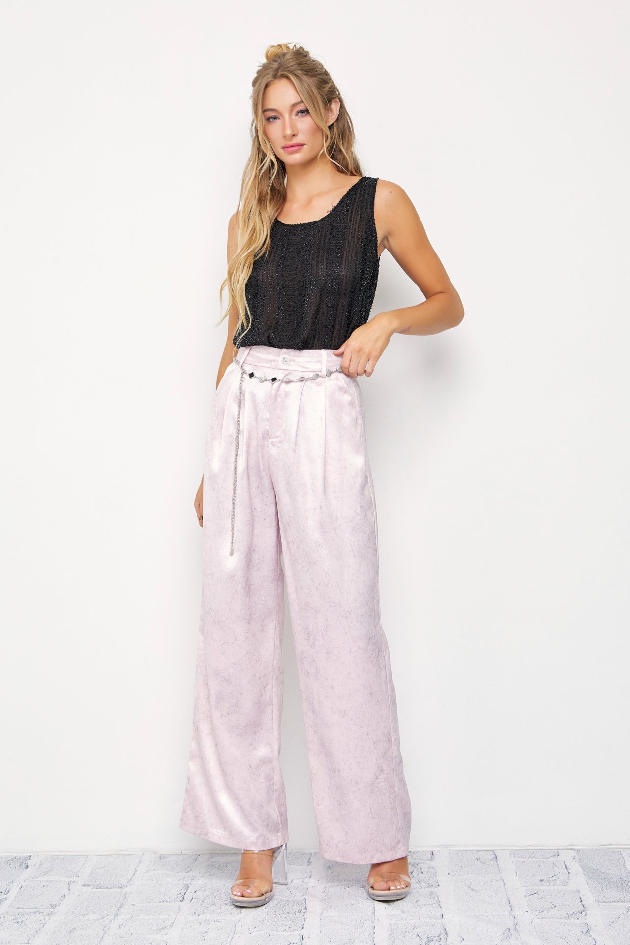 Crinkled Wide Leg Pants with Belt