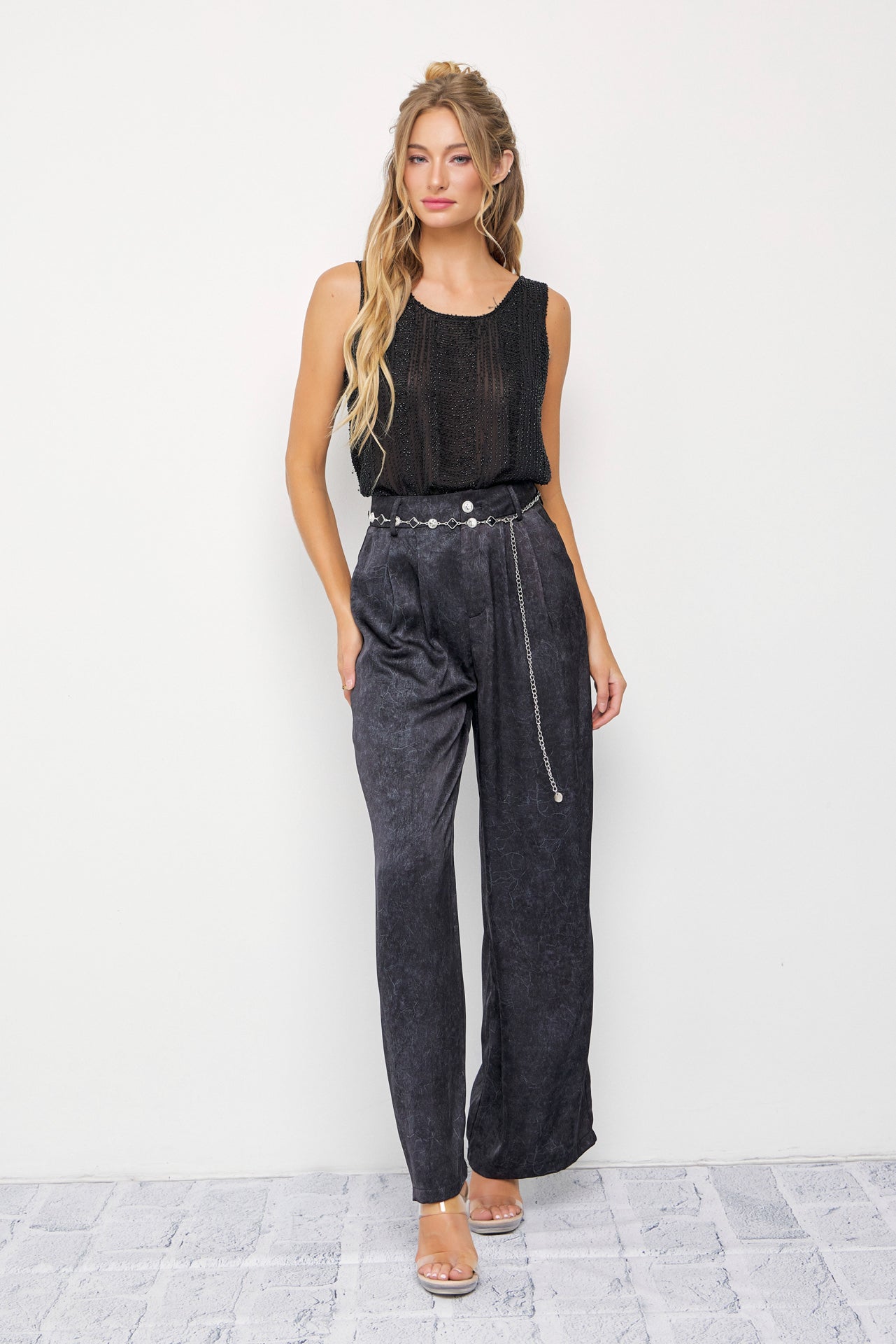 Crinkled Wide Leg Pants with Belt
