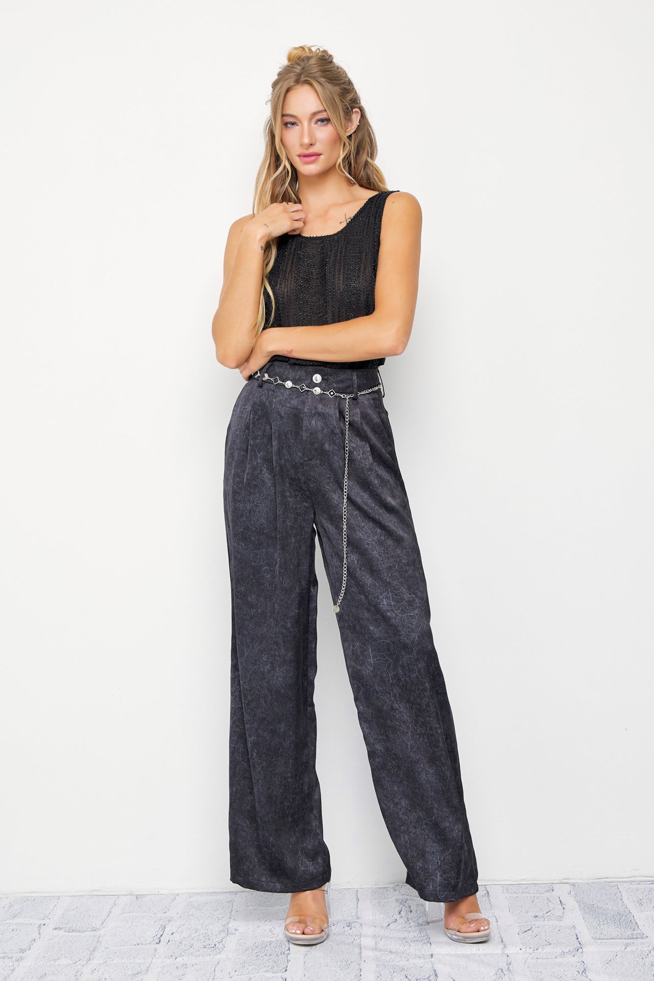 Crinkled Wide Leg Pants with Belt